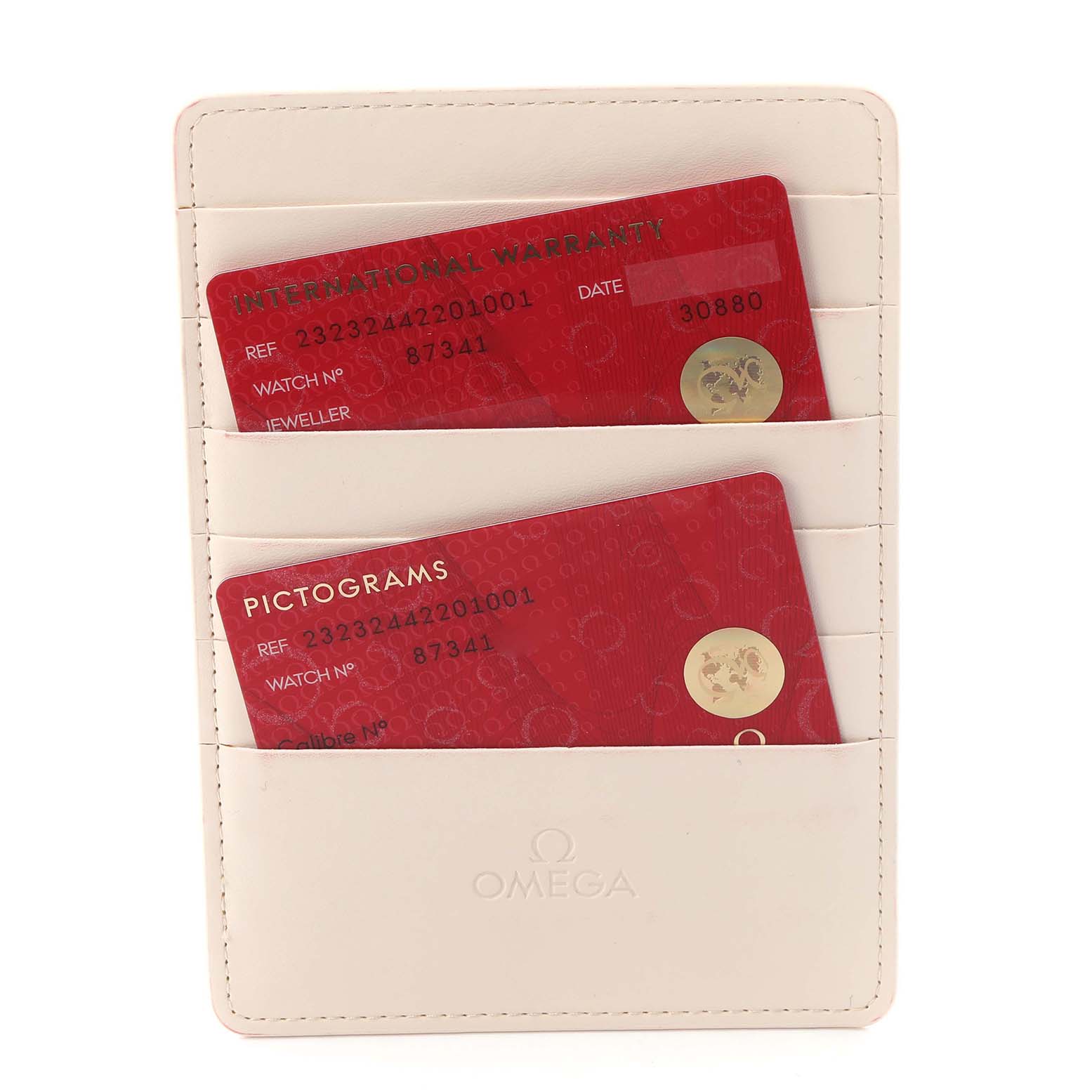 The image shows Omega Planet Ocean 232.32.44.22.01.001 Men
s Stainless Steel Black Dial 232.32.44.22.01.001 Men
s Stainless Steel Black Dial model cards in a white cardholder, featuring an international warranty and pictogram.