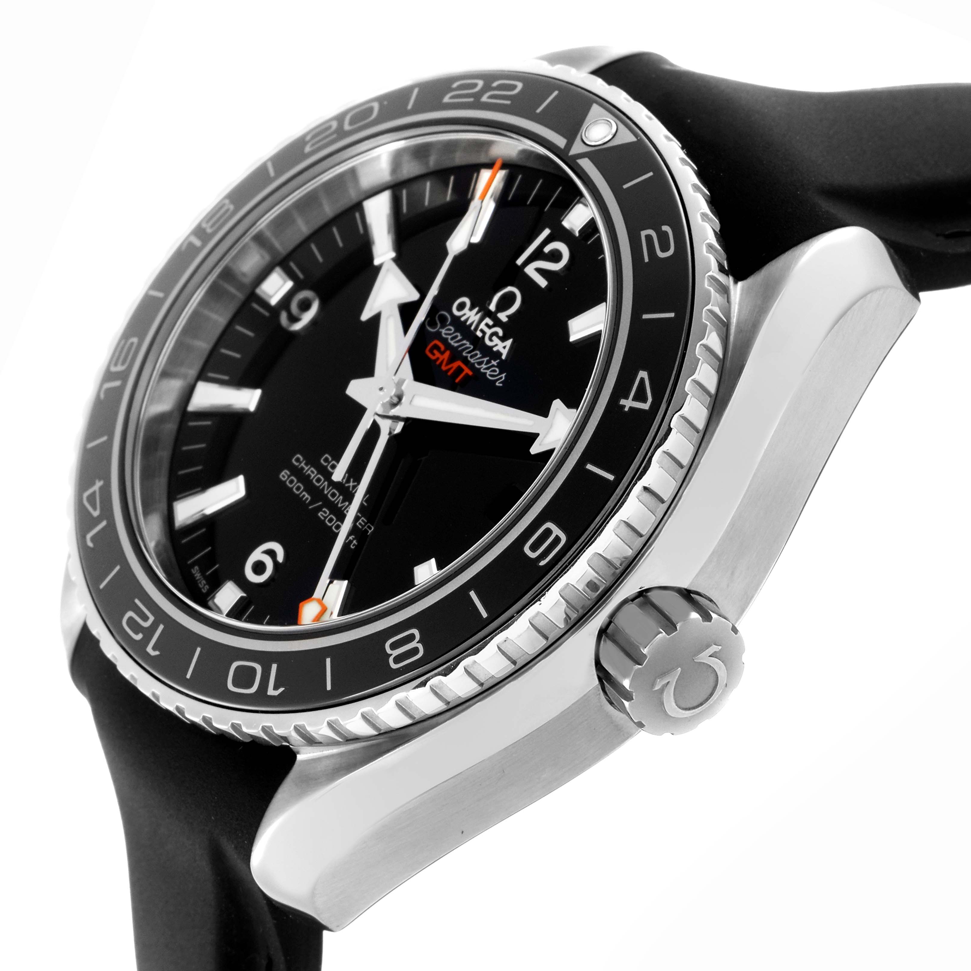 The Omega Planet Ocean 232.32.44.22.01.001 Men
s Stainless Steel Black Dial 232.32.44.22.01.001 Men
s Stainless Steel Black Dial watch is shown at a slight side angle, highlighting the dial, bezel, crown, and part of the strap.