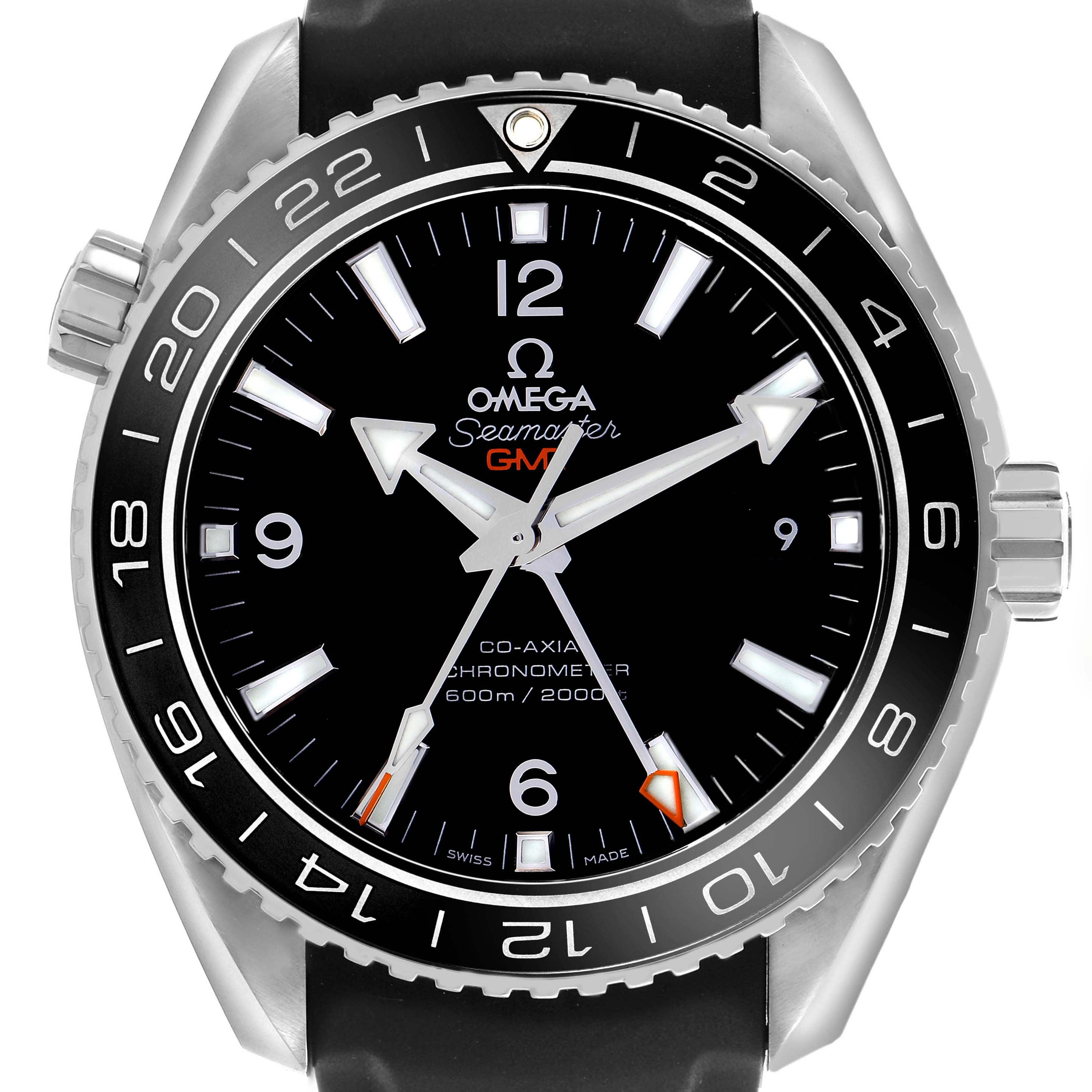 The image shows a front view of the Omega Planet Ocean 232.32.44.22.01.001 Men
s Stainless Steel Black Dial 232.32.44.22.01.001 Men
s Stainless Steel Black Dial watch, highlighting the black dial, bezel, and crown.