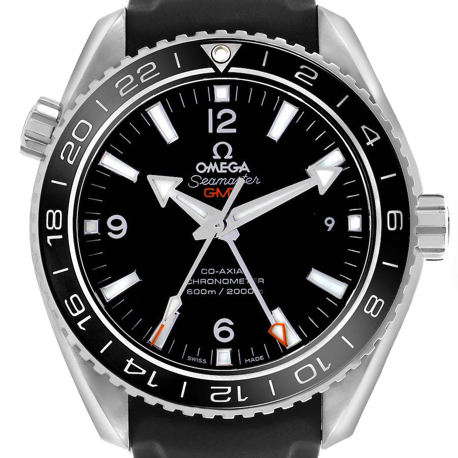 The image shows a front view of the Omega Planet Ocean watch, highlighting the black dial, bezel, and crown.