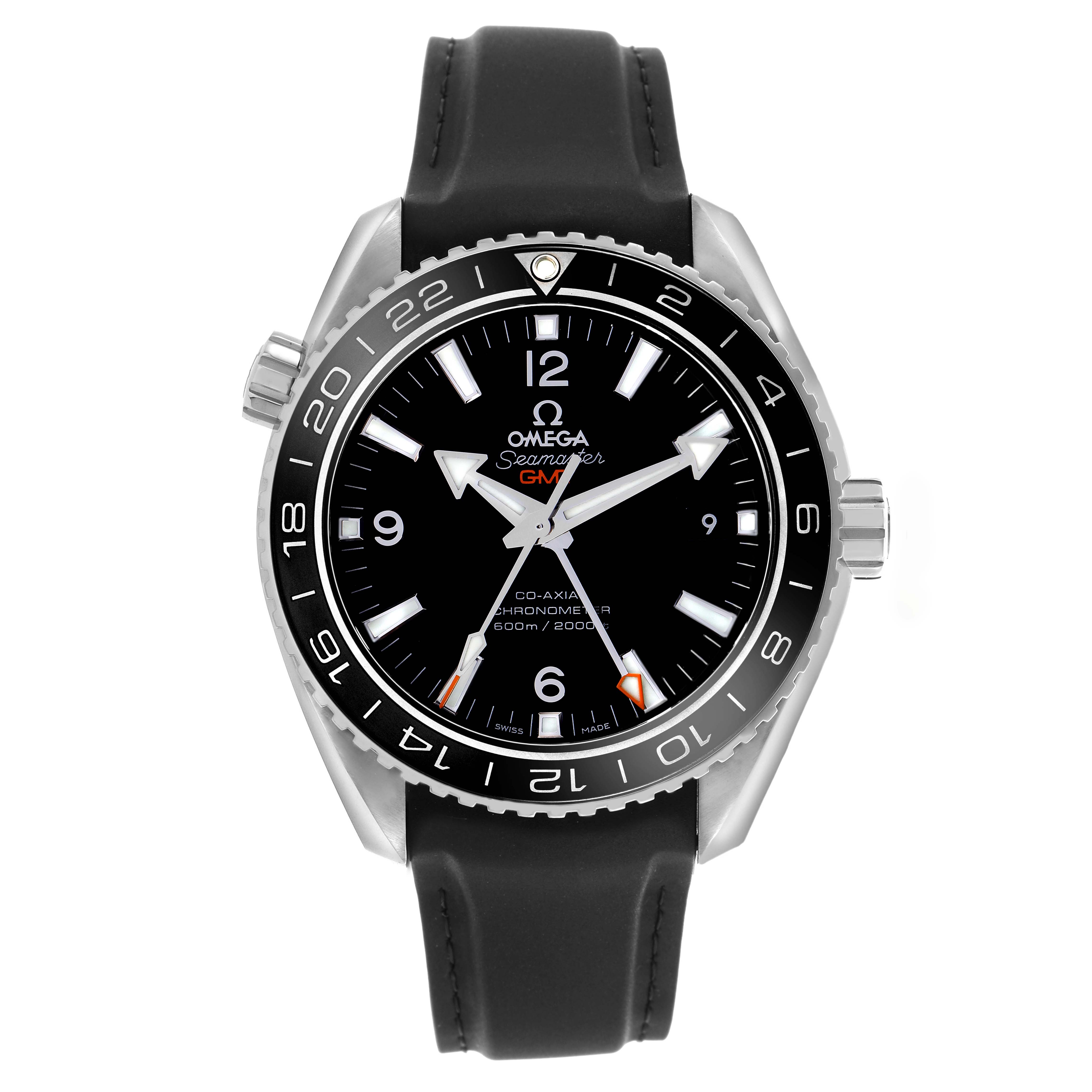 The Omega Planet Ocean 232.32.44.22.01.001 Men
s Stainless Steel Black Dial 232.32.44.22.01.001 Men
s Stainless Steel Black Dial watch is shown from the front, featuring the dial, bezel, crown, and strap.