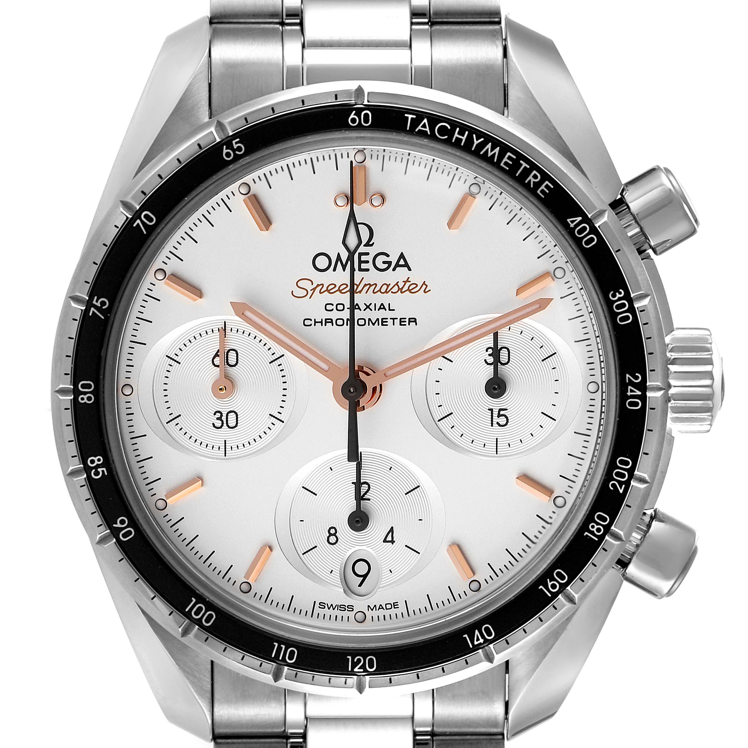 The Omega Speedmaster 324.30.38.50.02.001 Men
s Stainless Steel Silver Dial 324.30.38.50.02.001 Men
s Stainless Steel Silver Dial watch is shown from the front, displaying its face, dial, subdials, and tachymeter bezel.