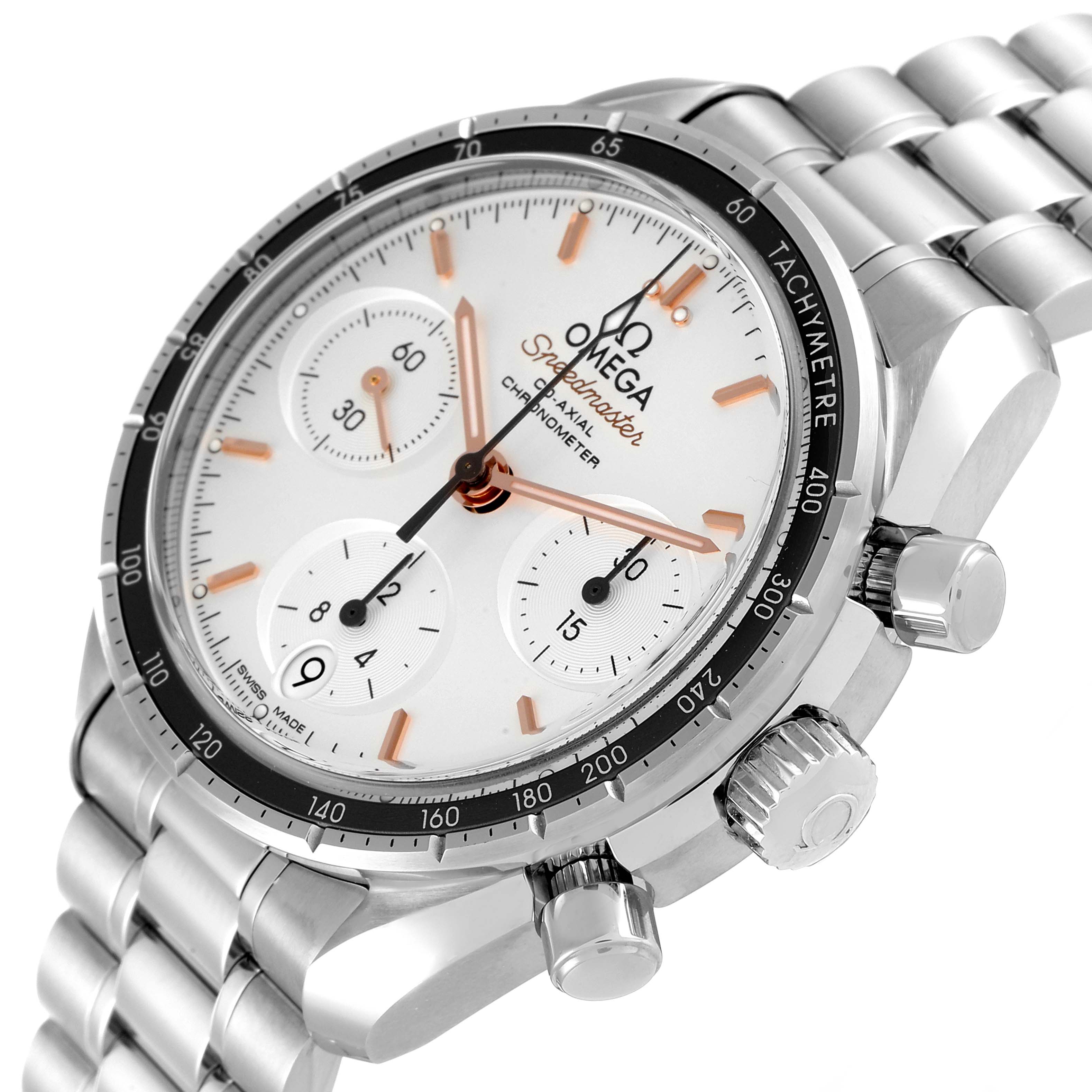 The Omega Speedmaster 324.30.38.50.02.001 Men
s Stainless Steel Silver Dial 324.30.38.50.02.001 Men
s Stainless Steel Silver Dial watch is shown at a 3/4 angle, displaying the dial, bezel, and part of the bracelet.