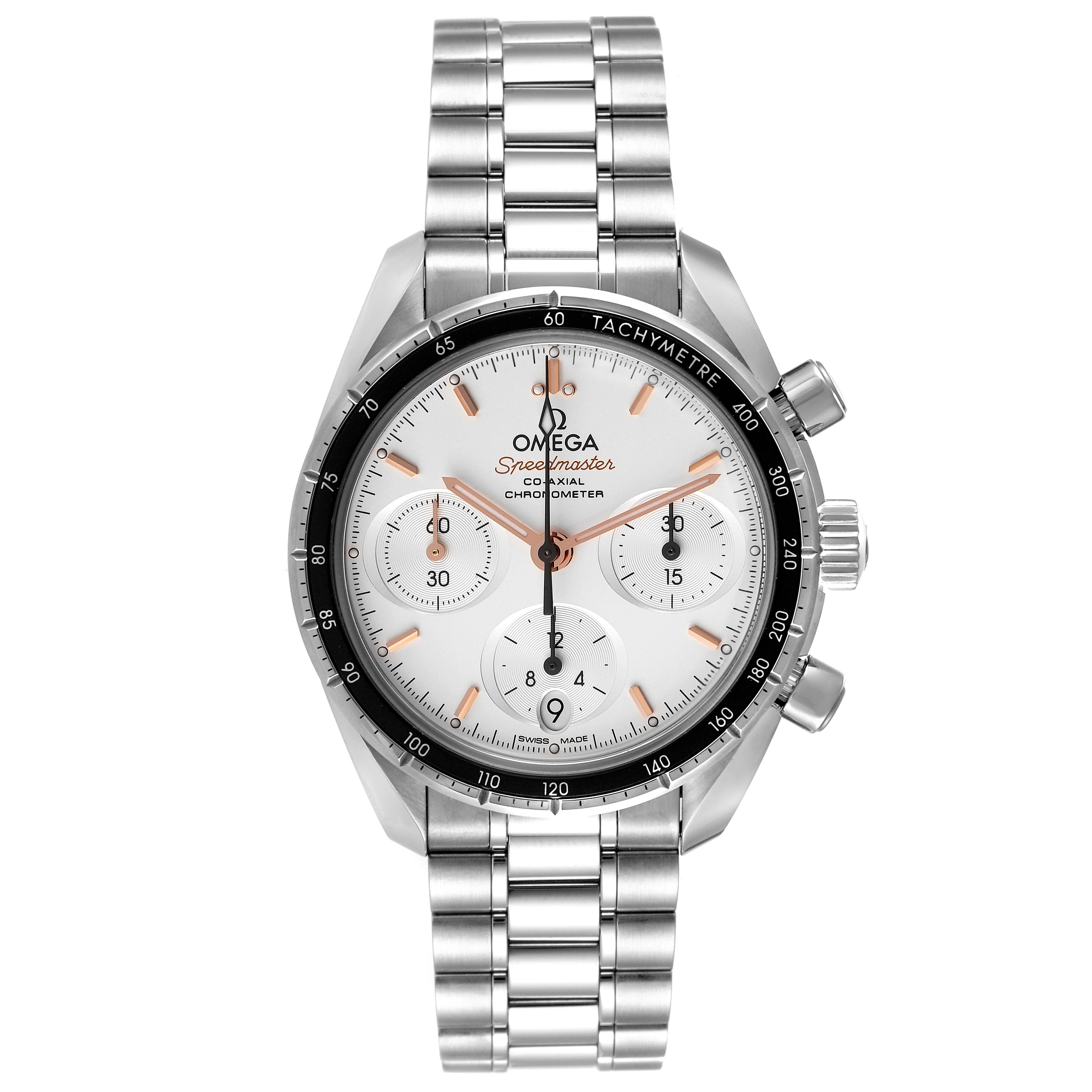 The image shows the front view of an Omega Speedmaster 324.30.38.50.02.001 Men
s Stainless Steel Silver Dial 324.30.38.50.02.001 Men
s Stainless Steel Silver Dial watch with a tachymeter bezel and a stainless steel bracelet.