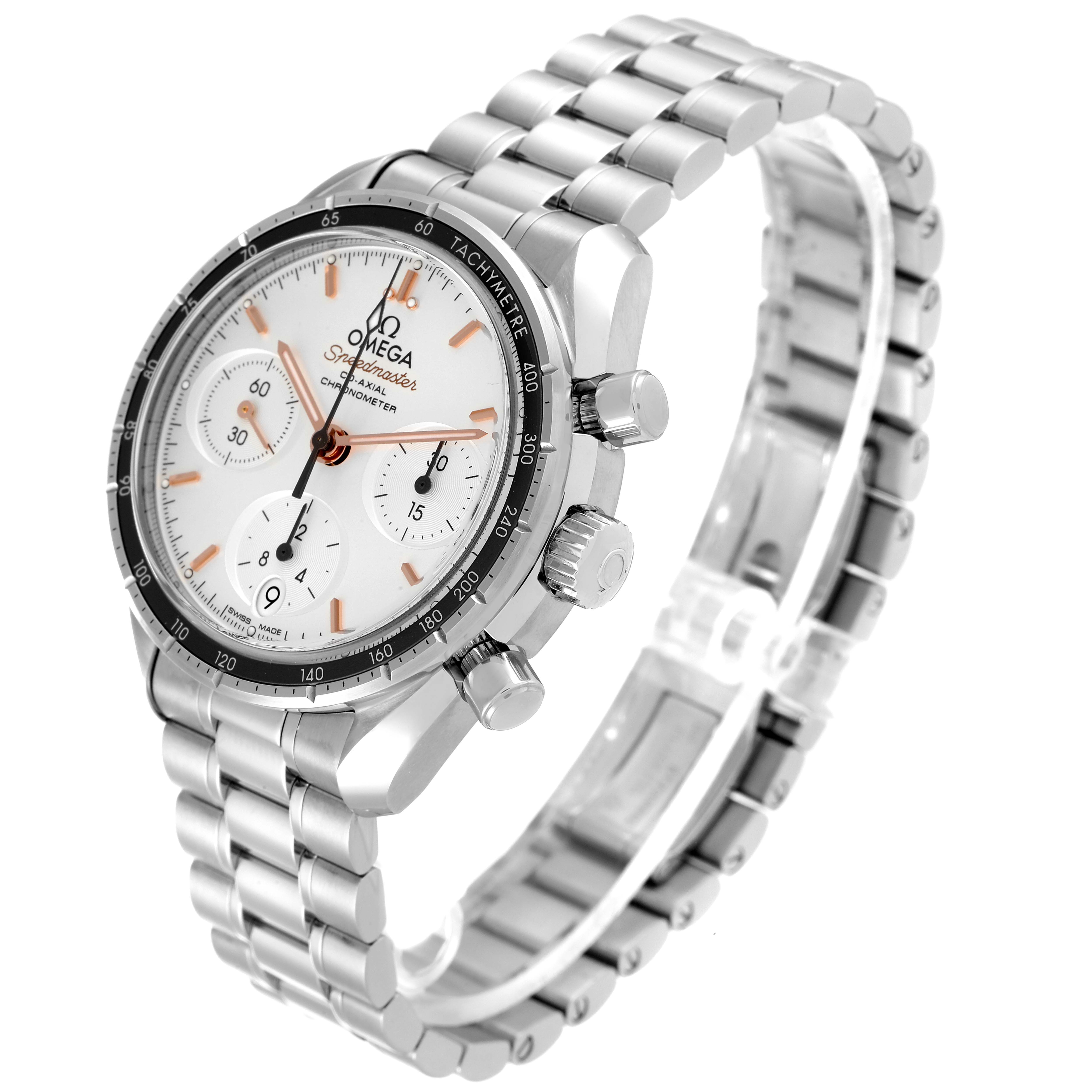 The Omega Speedmaster 324.30.38.50.02.001 Men
s Stainless Steel Silver Dial 324.30.38.50.02.001 Men
s Stainless Steel Silver Dial watch is shown at an angle highlighting its dial, tachymeter bezel, crown, pushers, and metal bracelet.