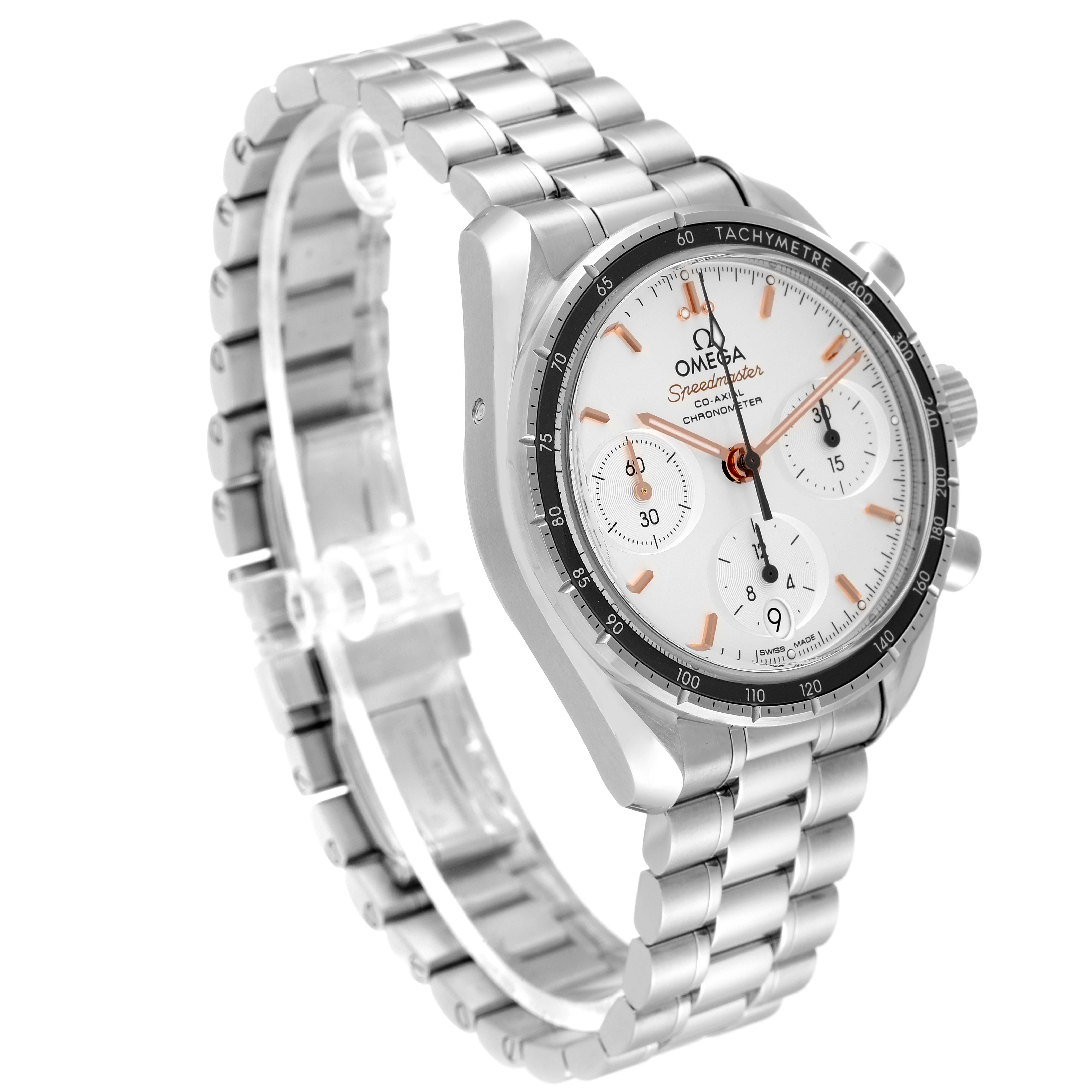 The Omega Speedmaster 324.30.38.50.02.001 Men
s Stainless Steel Silver Dial 324.30.38.50.02.001 Men
s Stainless Steel Silver Dial watch is shown at a three-quarter angle, highlighting the bracelet, dial, subdials, and tachymetre bezel.