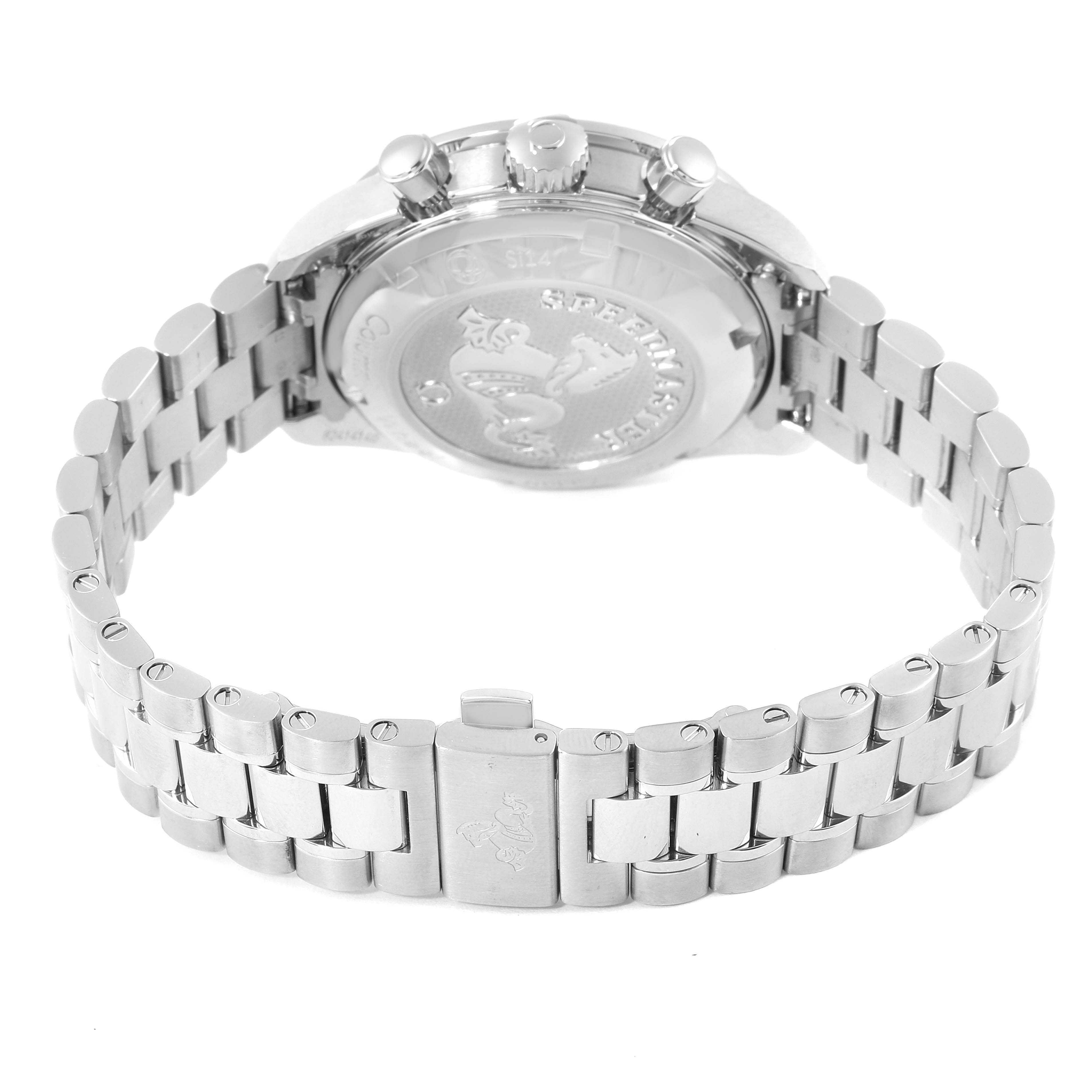 The image shows the back and bracelet of an Omega Speedmaster 324.30.38.50.02.001 Men
s Stainless Steel Silver Dial 324.30.38.50.02.001 Men
s Stainless Steel Silver Dial watch at a slight angle from the rear.