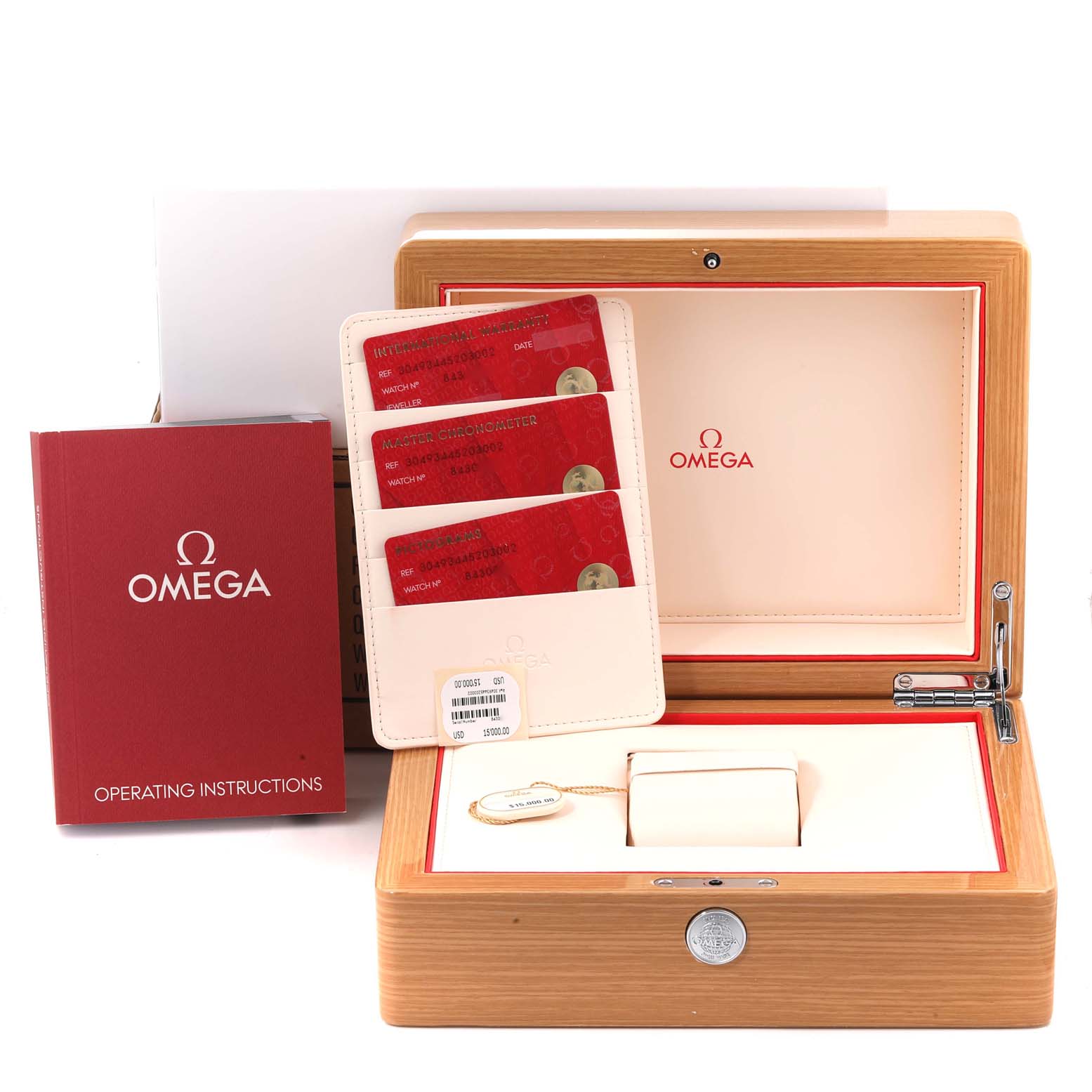 The image shows an Omega Speedmaster 304.93.44.52.03.002 Men
s Ceramic Blue Dial 304.93.44.52.03.002 Men
s Ceramic Blue Dial watch box, operating instructions, Best Quality
ation cards, and a tag.