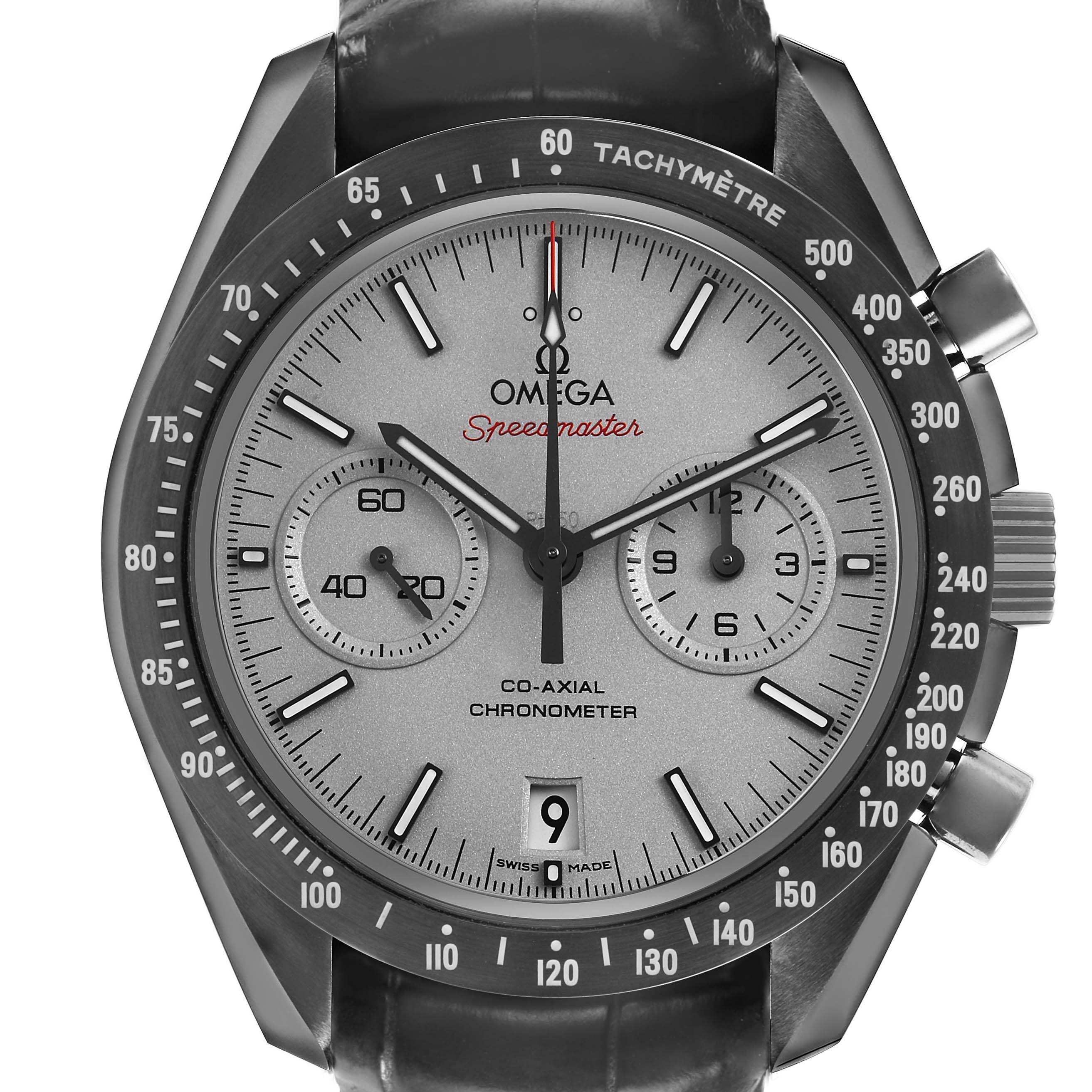 The Omega Speedmaster 311.93.44.51.99.002 Men's Ceramic Grey Dial watch is shown from the front, displaying its face, dials, tachymeter bezel, and side buttons.