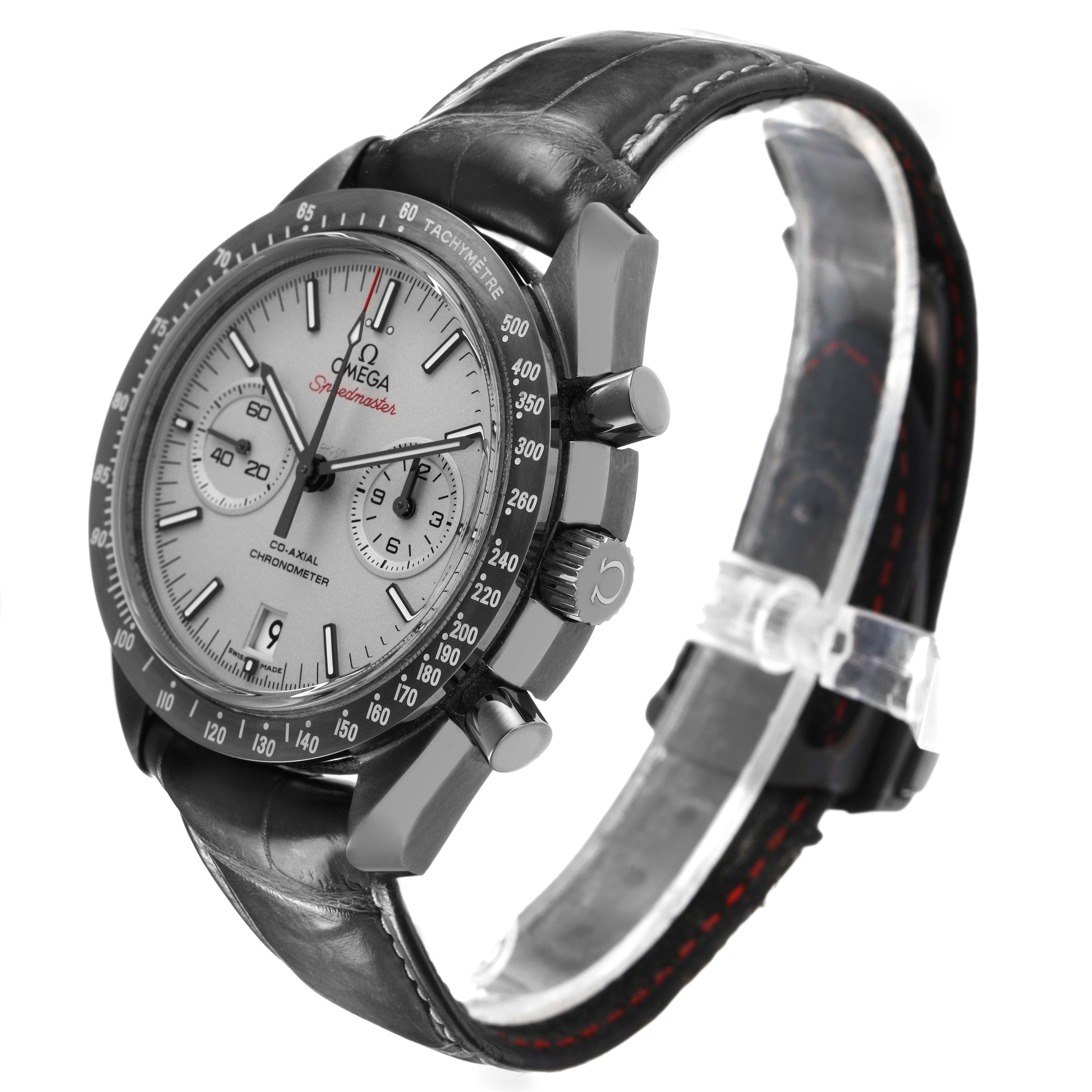 The Omega Speedmaster 311.93.44.51.99.002 Men's Ceramic Grey Dial watch is shown from a front angle, highlighting the dial, bezel, pushers, and leather strap.