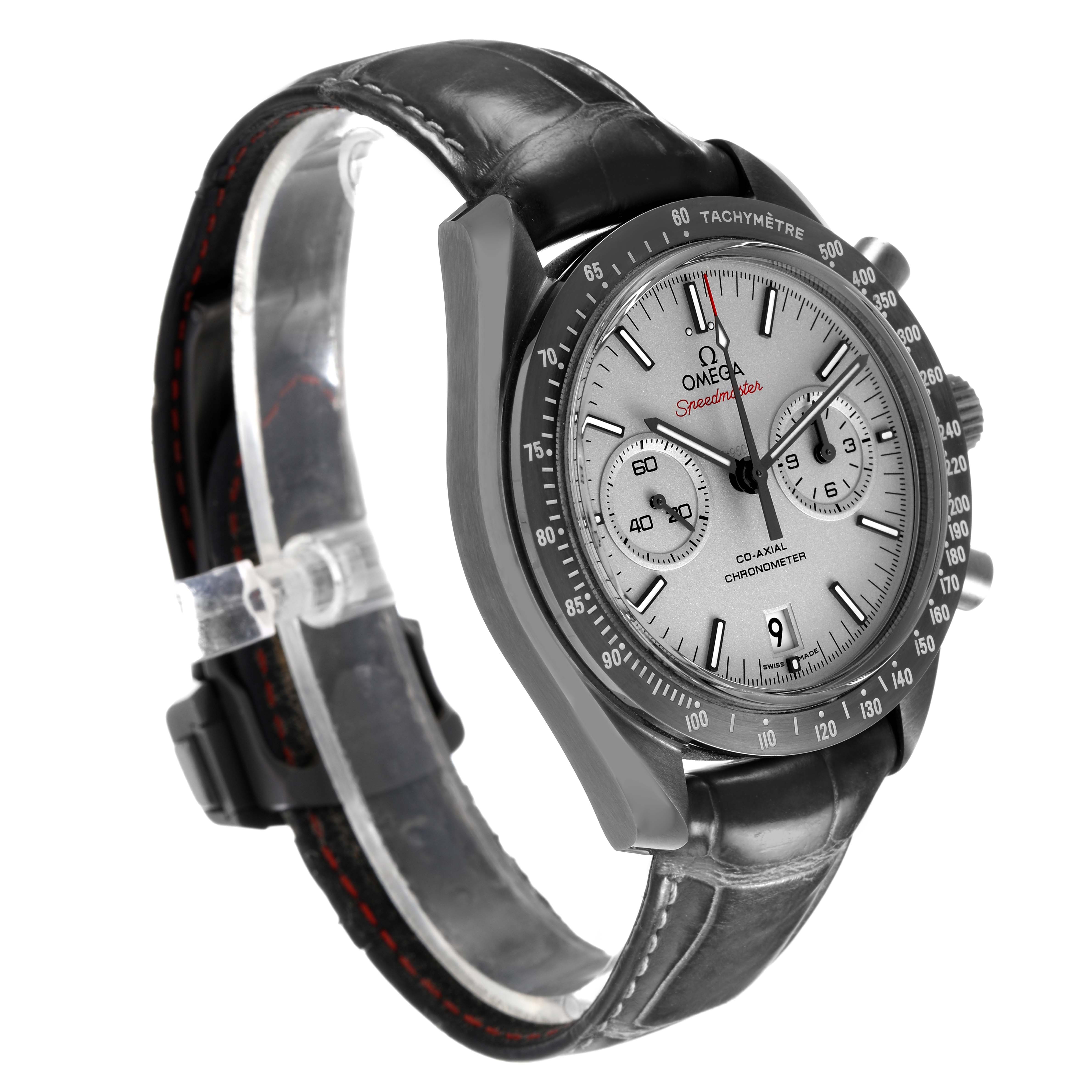 The Omega Speedmaster 311.93.44.51.99.002 Men's Ceramic Grey Dial watch is shown at a three-quarter angle, highlighting the bezel, dial, and leather strap.