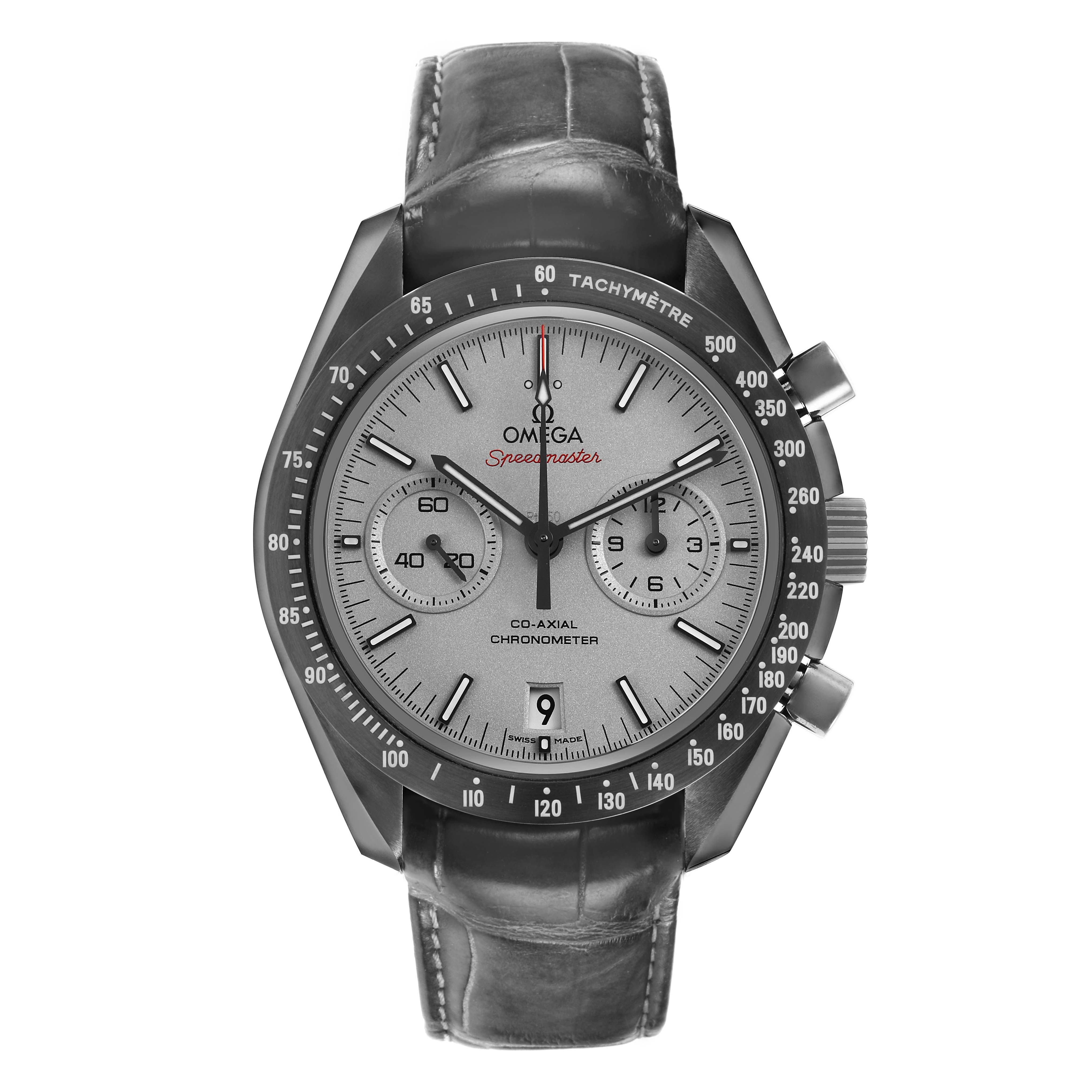 The Omega Speedmaster 311.93.44.51.99.002 Men's Ceramic Grey Dial watch is shown from a front angle, highlighting its dial, bezel, and pushers.