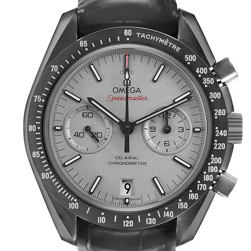The image shows a front view of the Omega Speedmaster 311.93.44.51.99.002 Men's Ceramic Grey Dial watch, highlighting the dial, bezel, and chronograph subdials.