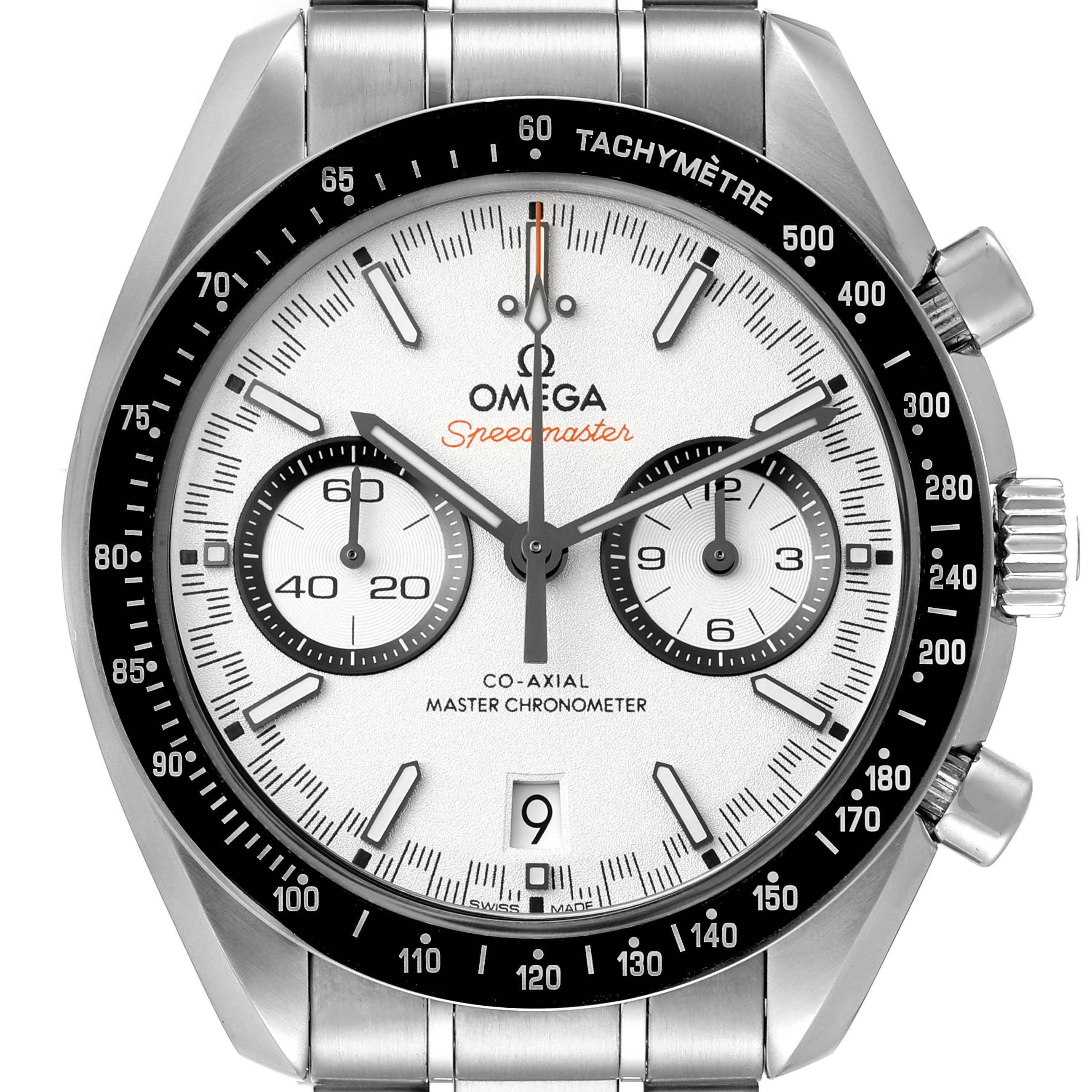 The image shows a front view of the Omega Speedmaster 329.30.44.51.04.001 Men
s Stainless Steel White Dial 329.30.44.51.04.001 Men
s Stainless Steel White Dial watch displaying the dial, hands, markers, subdials, bezel, and part of the bracelet.