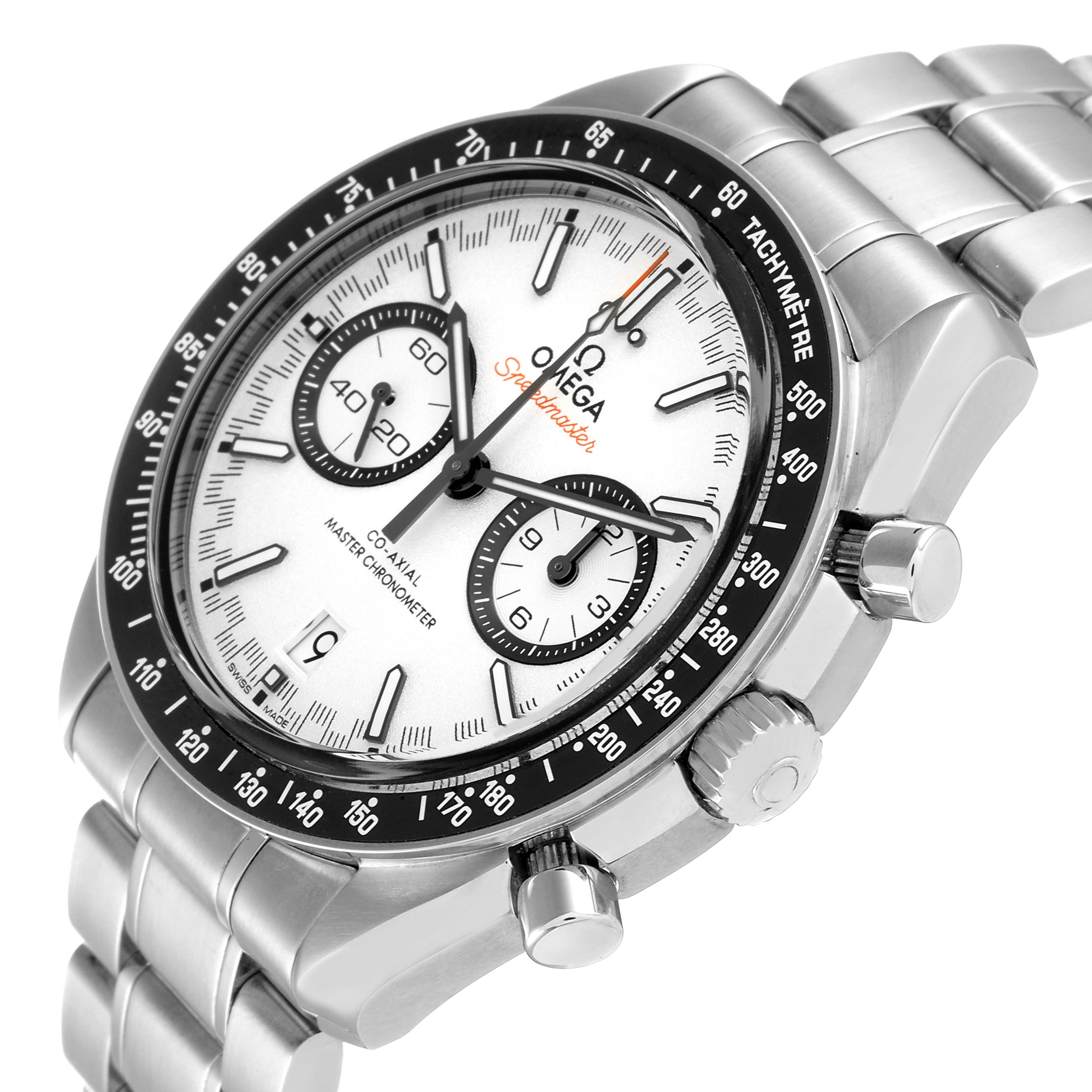 The image shows an angled close-up of the Omega Speedmaster 329.30.44.51.04.001 Men
s Stainless Steel White Dial 329.30.44.51.04.001 Men
s Stainless Steel White Dial watch face, pushers, and part of the bracelet.
