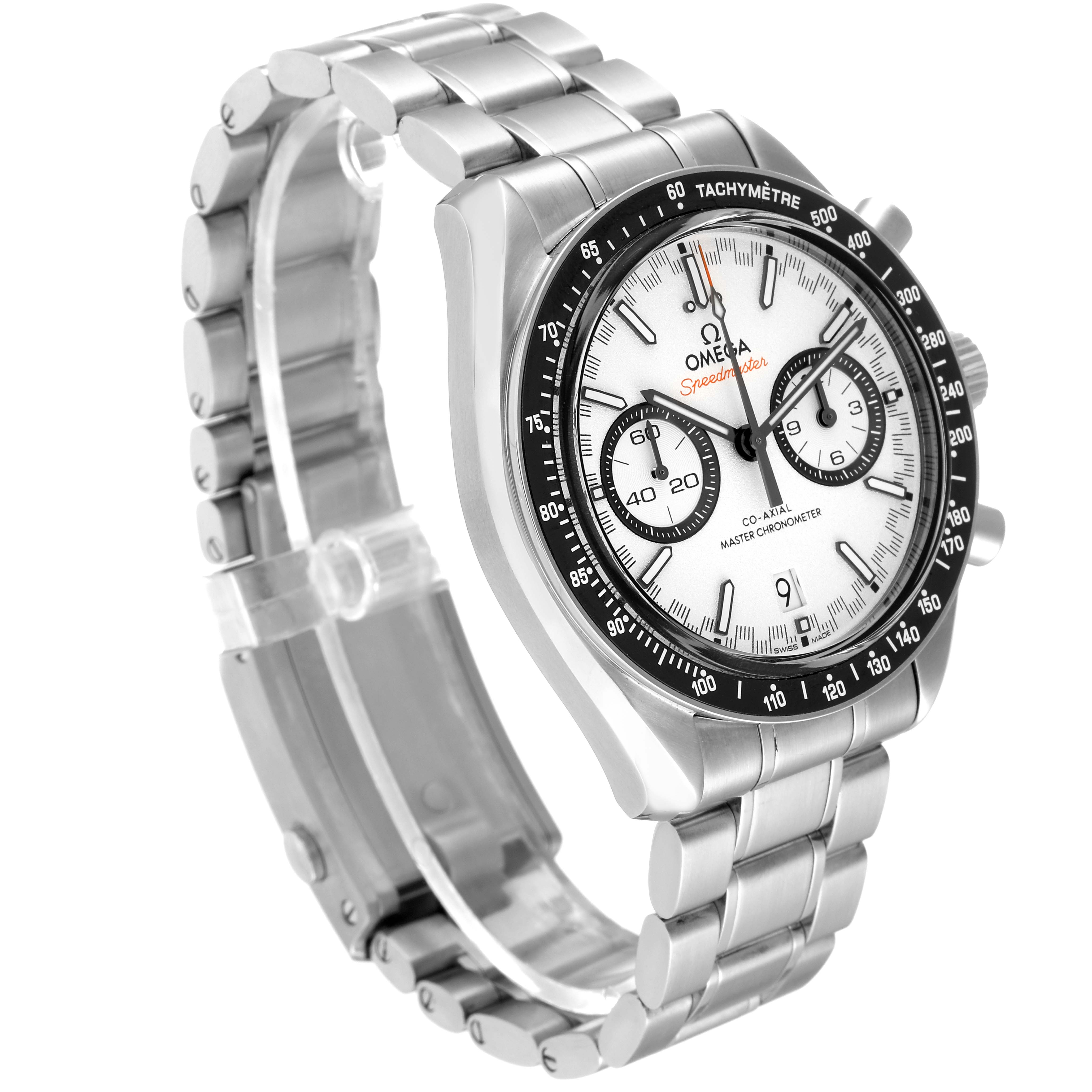 The Omega Speedmaster 329.30.44.51.04.001 Men
s Stainless Steel White Dial 329.30.44.51.04.001 Men
s Stainless Steel White Dial watch is shown at an angle highlighting its face, bezel, and stainless steel bracelet.