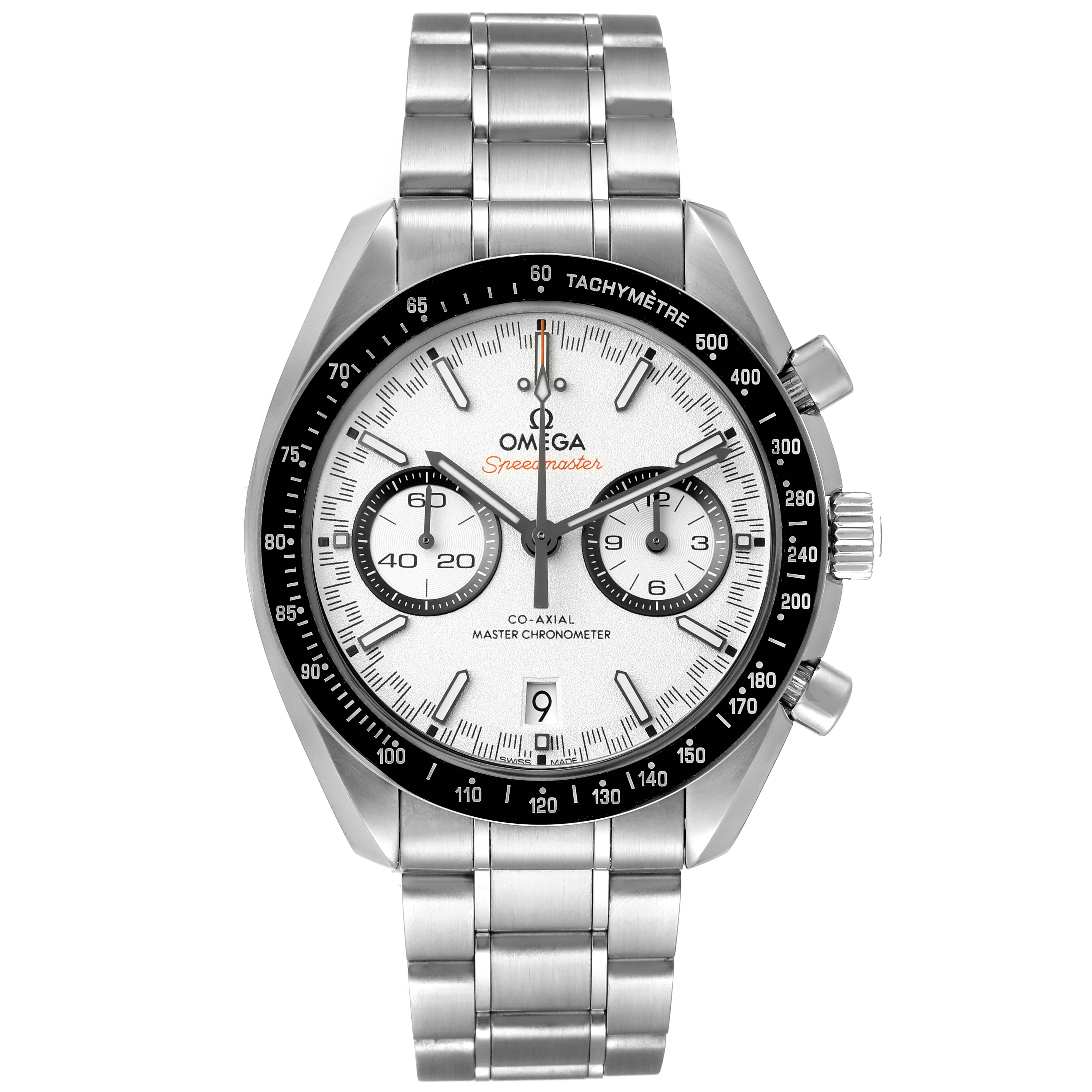 The image shows a front view of the Omega Speedmaster 329.30.44.51.04.001 Men
s Stainless Steel White Dial 329.30.44.51.04.001 Men
s Stainless Steel White Dial watch highlighting the dial, bezel, and stainless steel bracelet.