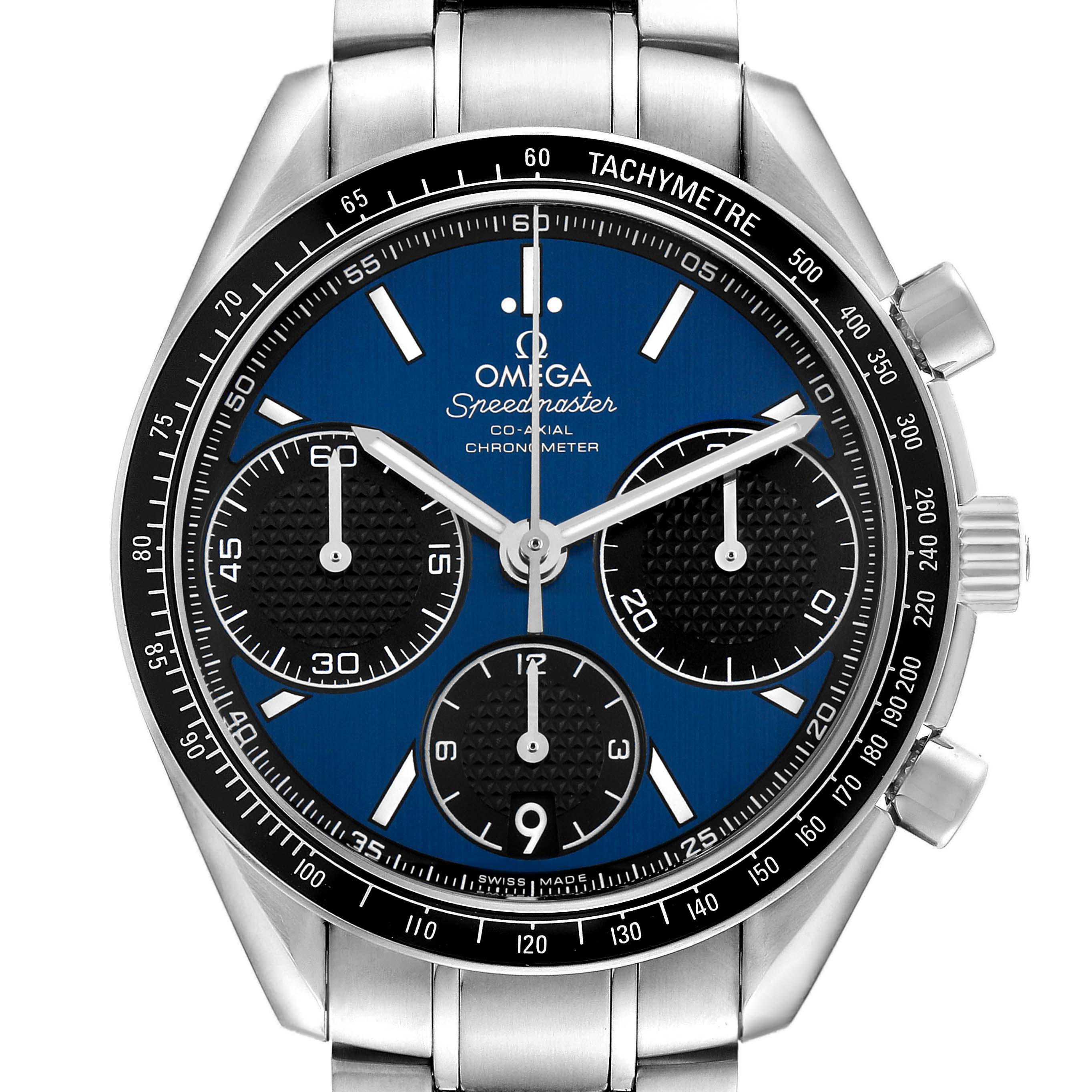 The Omega Speedmaster 326.30.40.50.03.001 Men's Stainless Steel Blue Dial watch is shown from the front, displaying its blue dial, black sub-dials, and tachymetre bezel.