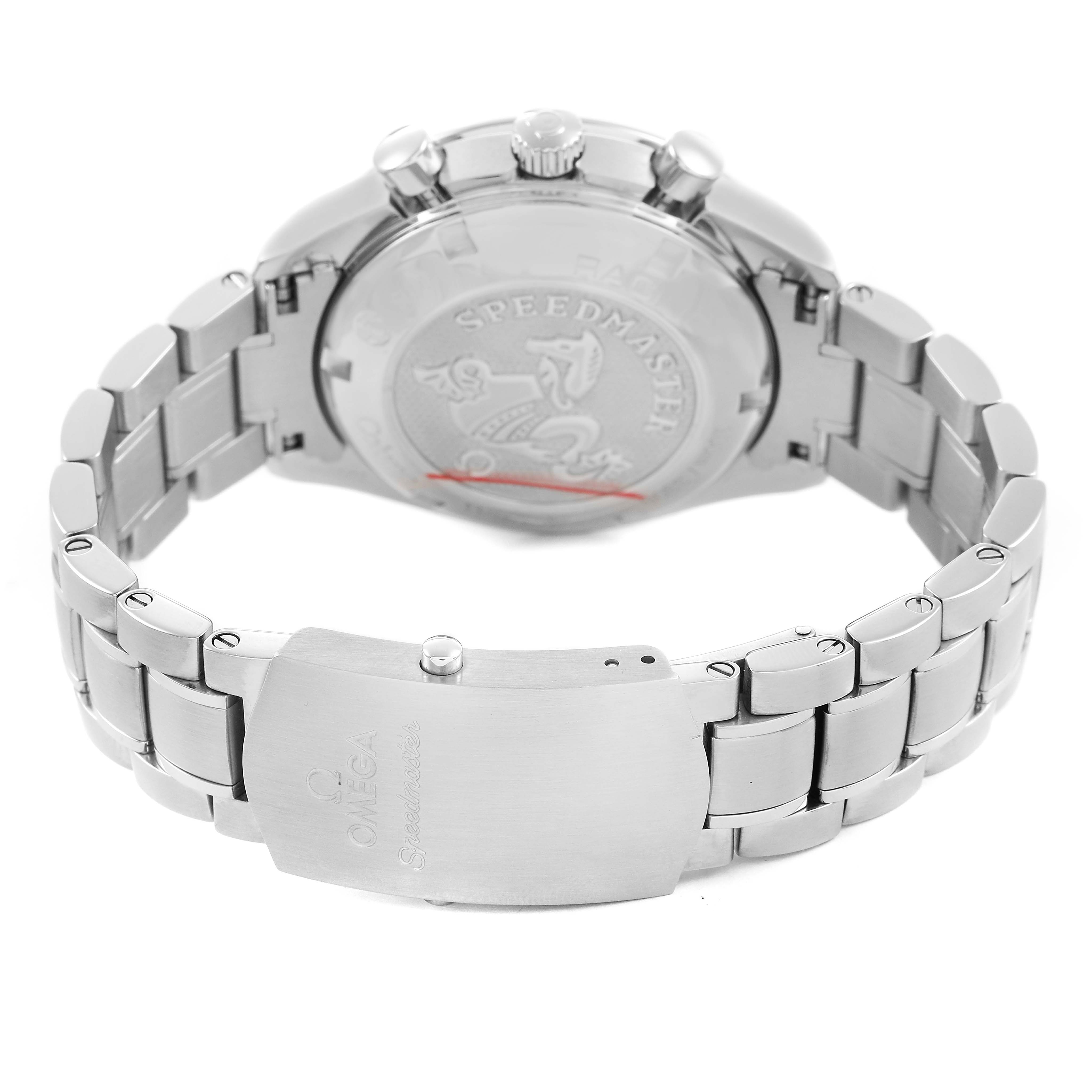 The Omega Speedmaster 326.30.40.50.03.001 Men's Stainless Steel Blue Dial is shown from the back, highlighting the case back, clasp, and bracelet.