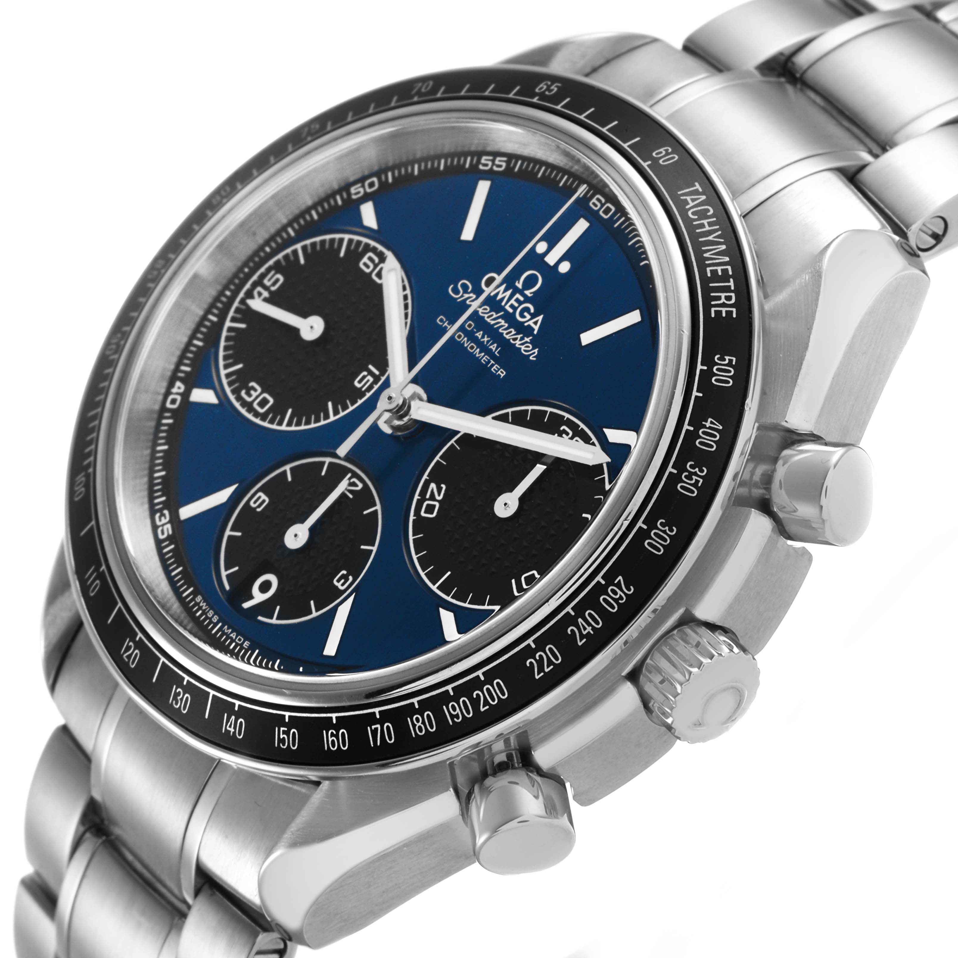 The Omega Speedmaster 326.30.40.50.03.001 Men's Stainless Steel Blue Dial watch is shown at a slight angle, highlighting the bracelet, bezel, crown, and subdials.
