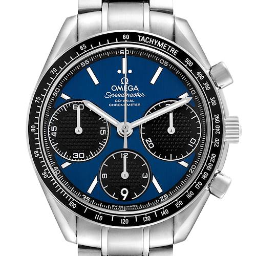 The Omega Speedmaster 326.30.40.50.03.001 Men's Stainless Steel Blue Dial watch is shown from the front, highlighting the blue dial, subdials, and tachymeter bezel.