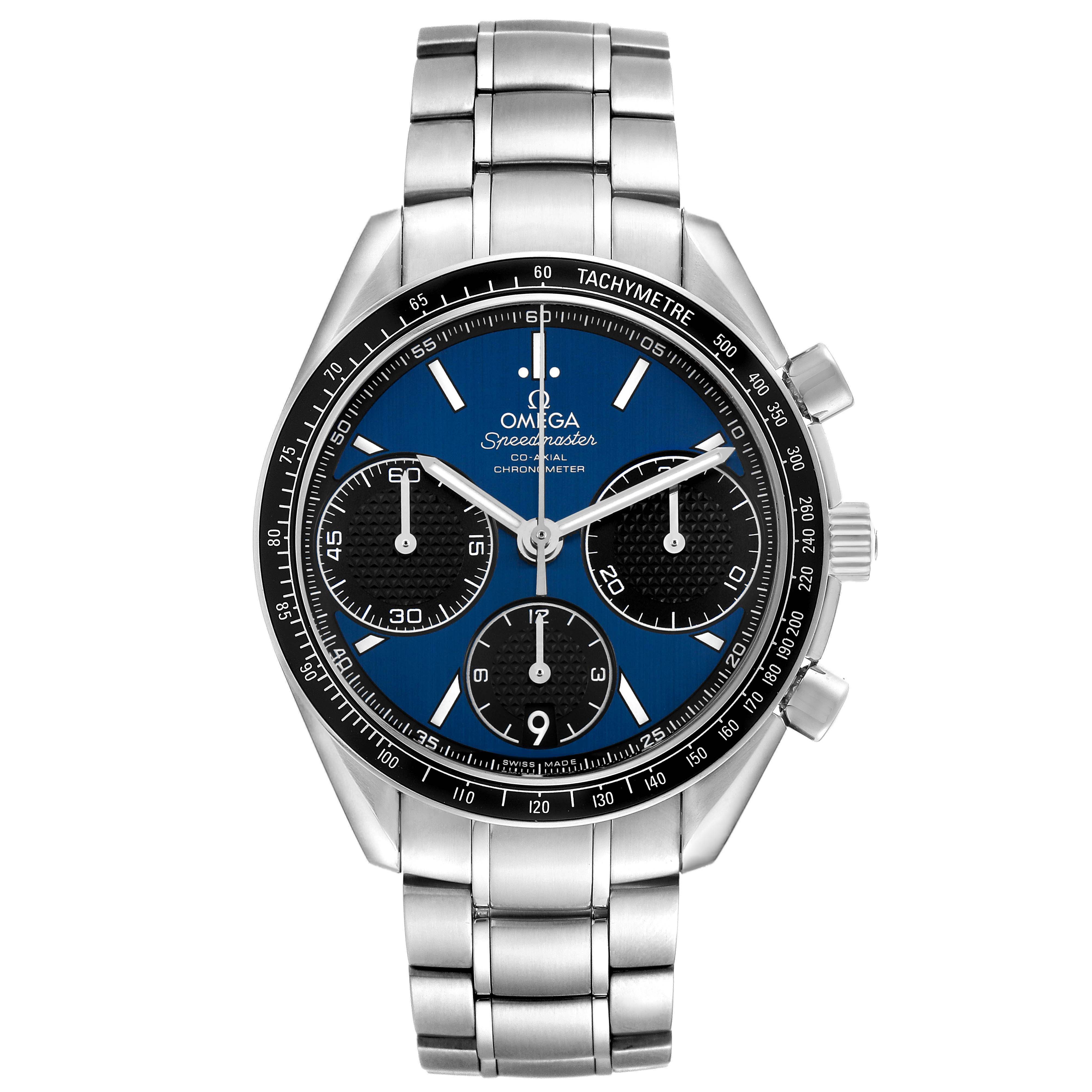 The Omega Speedmaster 326.30.40.50.03.001 Men's Stainless Steel Blue Dial is shown from a front angle, highlighting its face, bezel, subdials, and bracelet.
