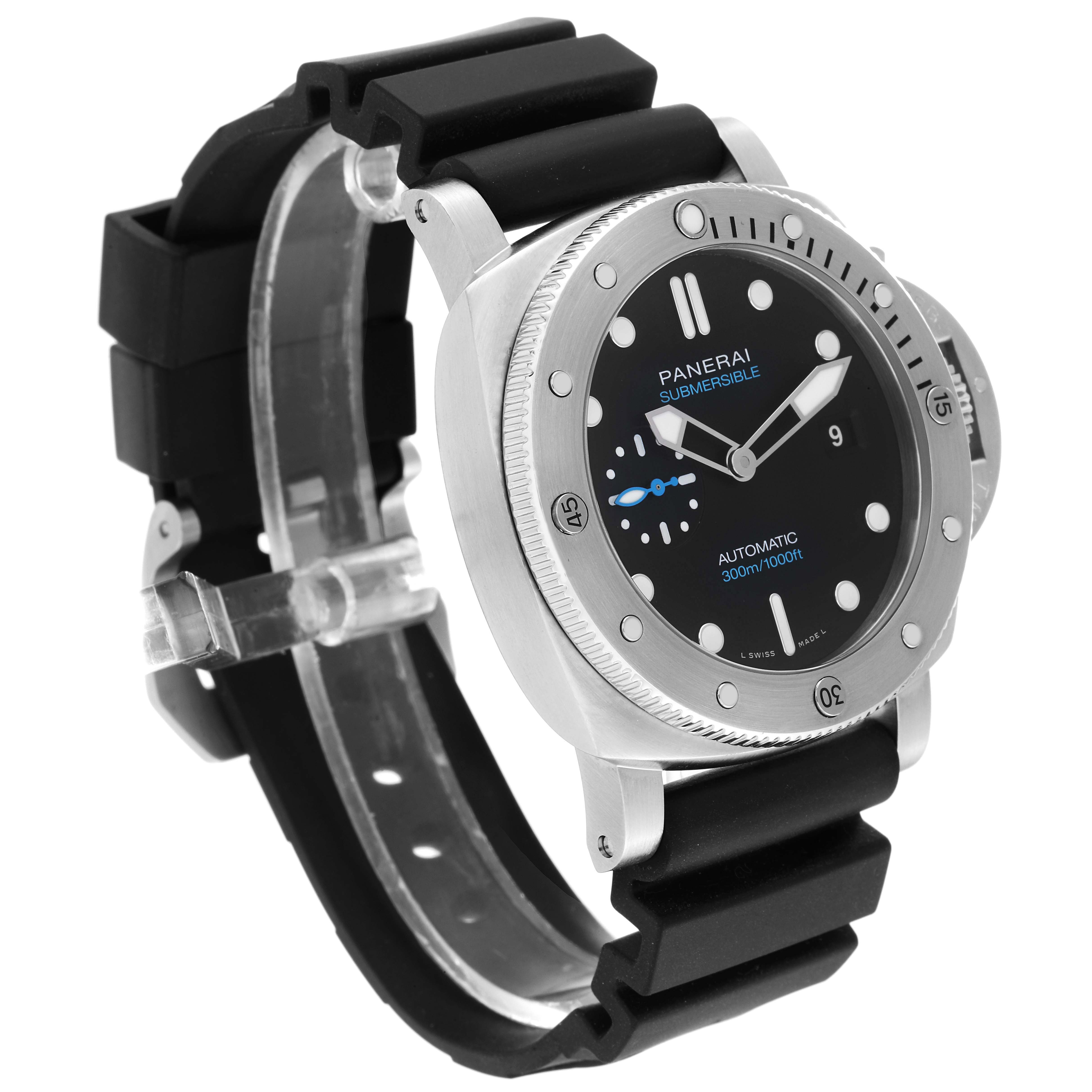 This image shows a Panerai Submersible PAM01229 Men's Stainless Steel Black Dial PAM01229 Men's Stainless Steel Black Dial watch at a three-quarter angle, highlighting the bezel, black dial, and rubber strap.