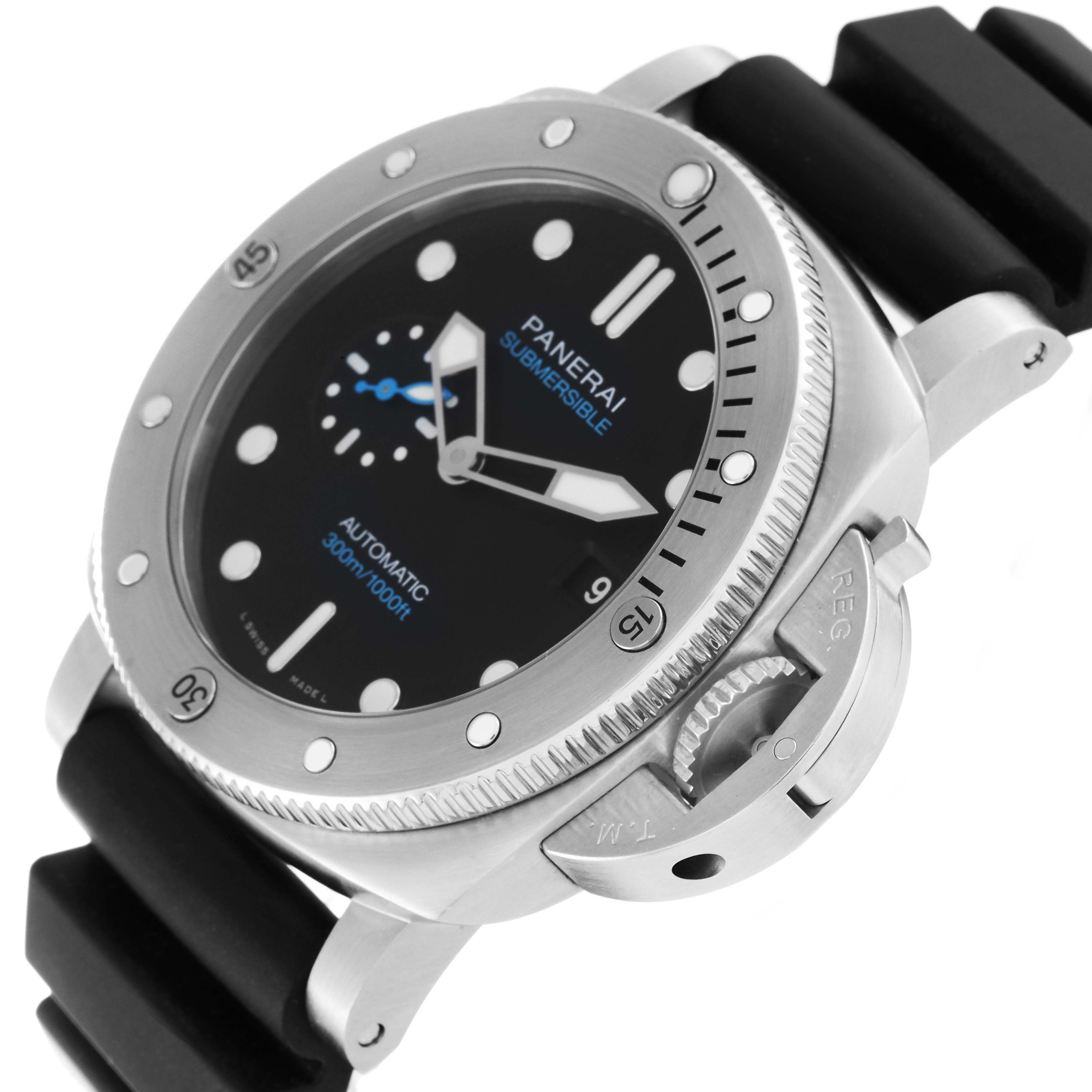 This image shows a Panerai Submersible PAM01229 Men's Stainless Steel Black Dial PAM01229 Men's Stainless Steel Black Dial watch at a slight angle displaying the face, bezel, crown guard, and part of the strap.