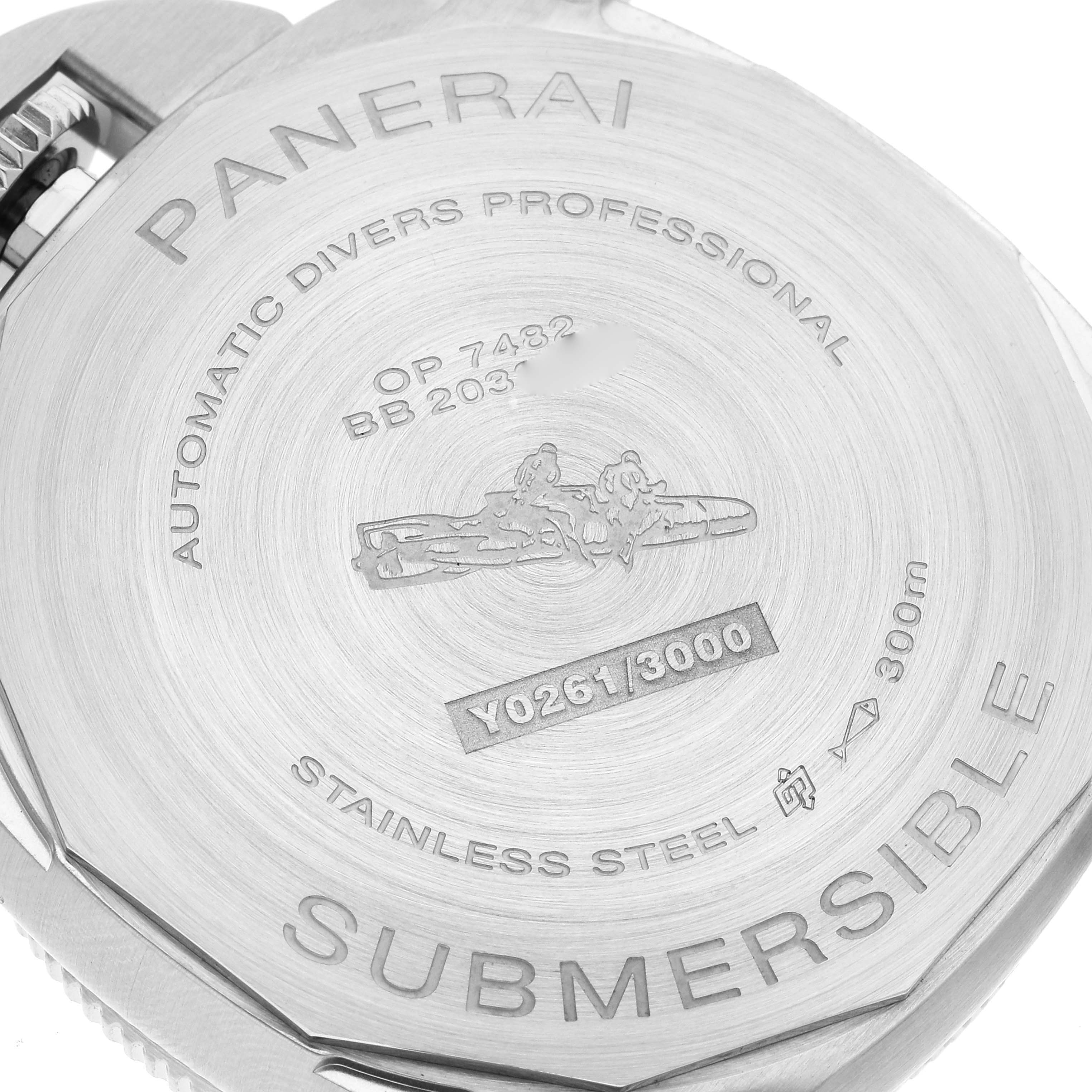 This image shows the case back of a Panerai Submersible PAM01229 Men's Stainless Steel Black Dial PAM01229 Men's Stainless Steel Black Dial watch, highlighting engravings and serial numbers.