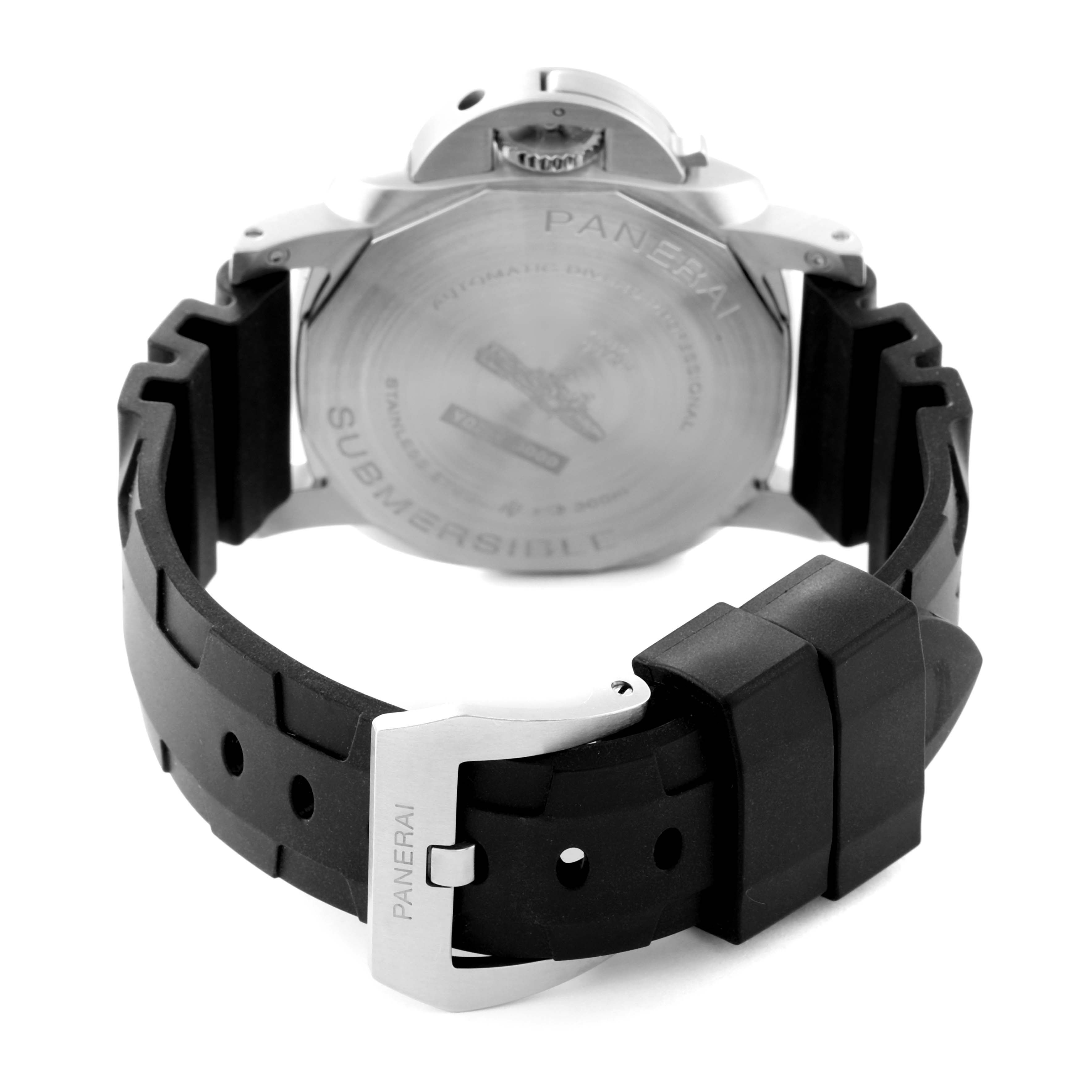 The image shows the back view of a Panerai Submersible PAM01229 Men's Stainless Steel Black Dial PAM01229 Men's Stainless Steel Black Dial watch, featuring the case back and black rubber strap with a Panerai-branded buckle.