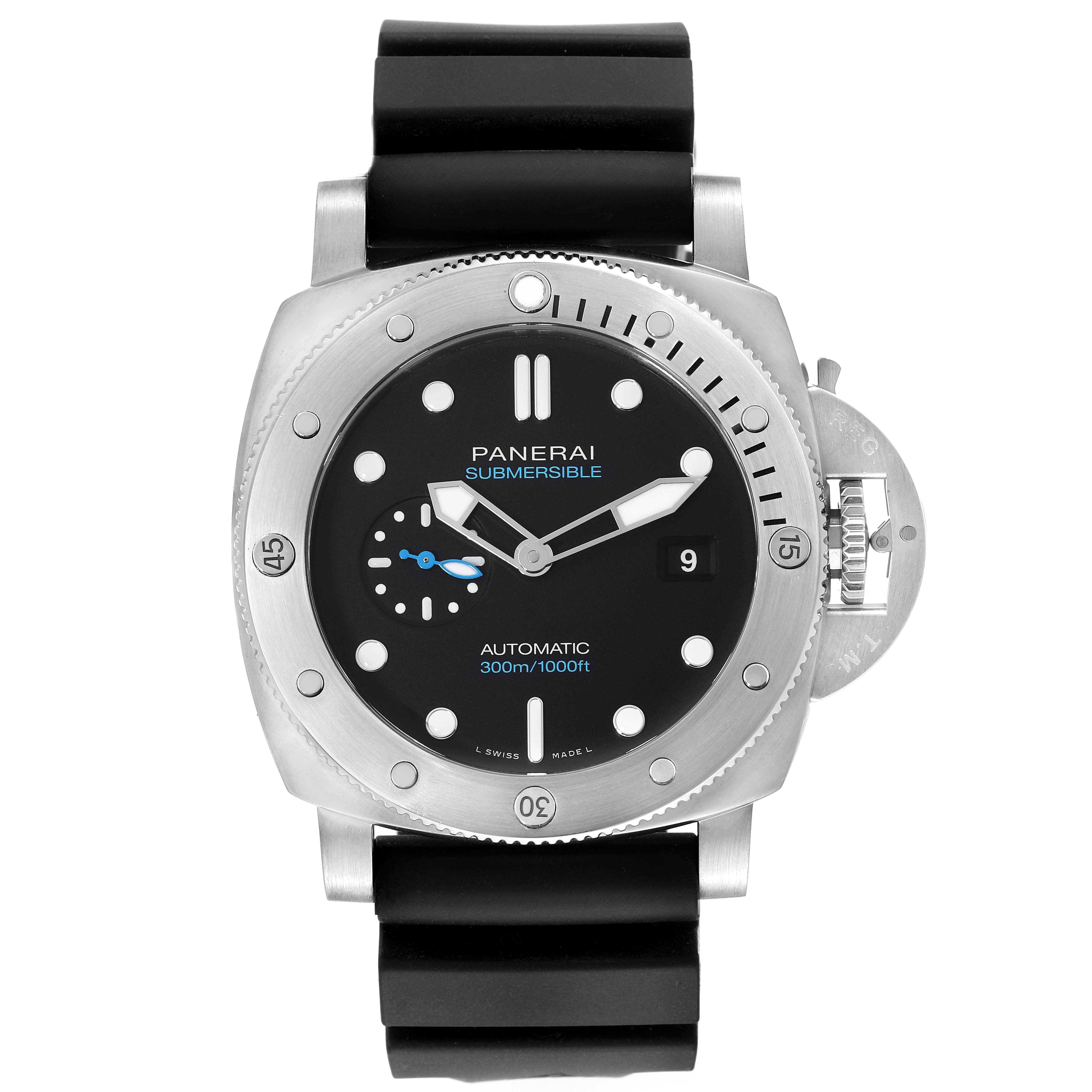 The Panerai Submersible PAM01229 Men's Stainless Steel Black Dial PAM01229 Men's Stainless Steel Black Dial watch is shown from the front, highlighting the dial, bezel, hands, and black rubber strap.
