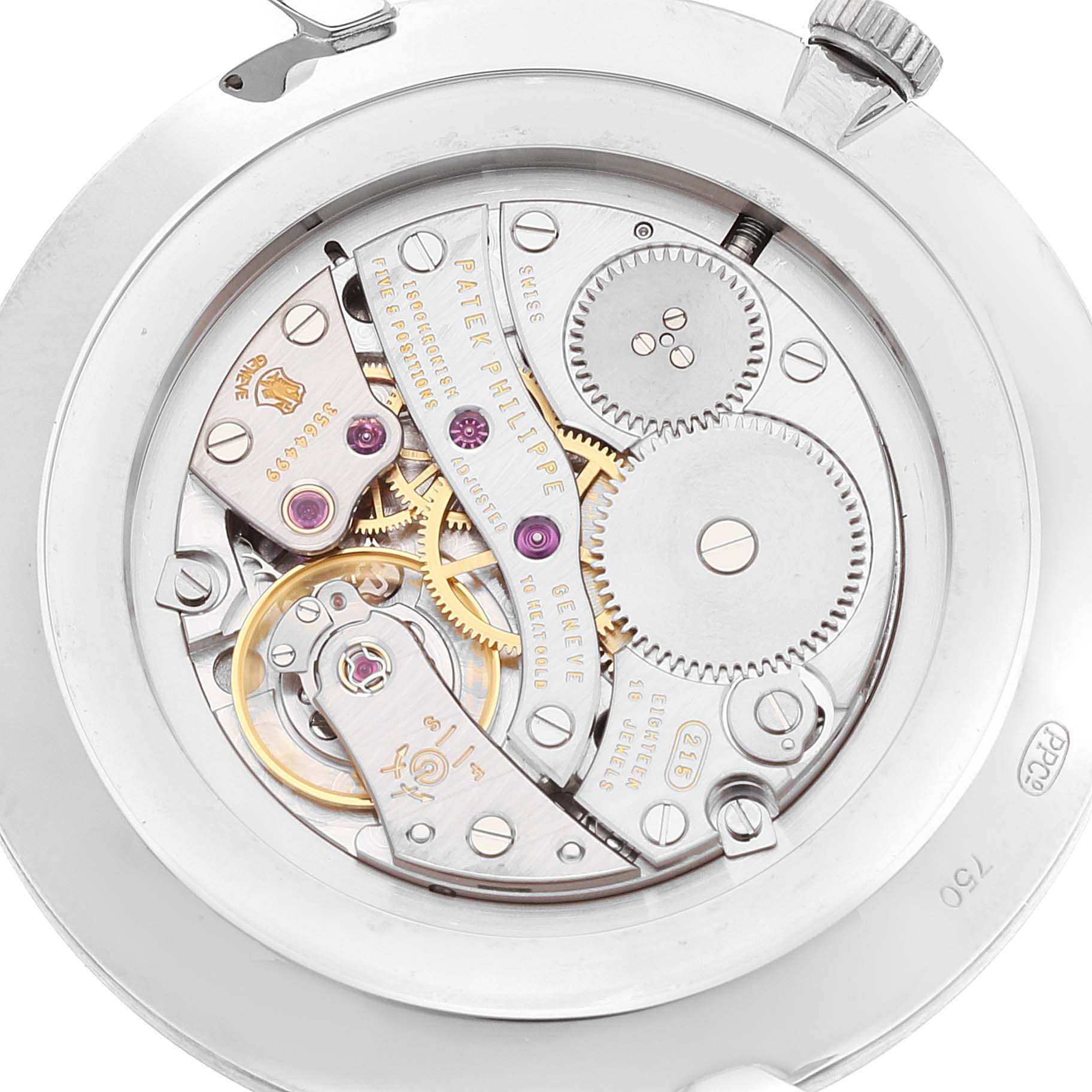 This image shows the back view of a Patek Philippe Calatrava 5119G Men's White Gold White Dial 5119G Men's White Gold White Dial watch, highlighting its intricate mechanical movement.