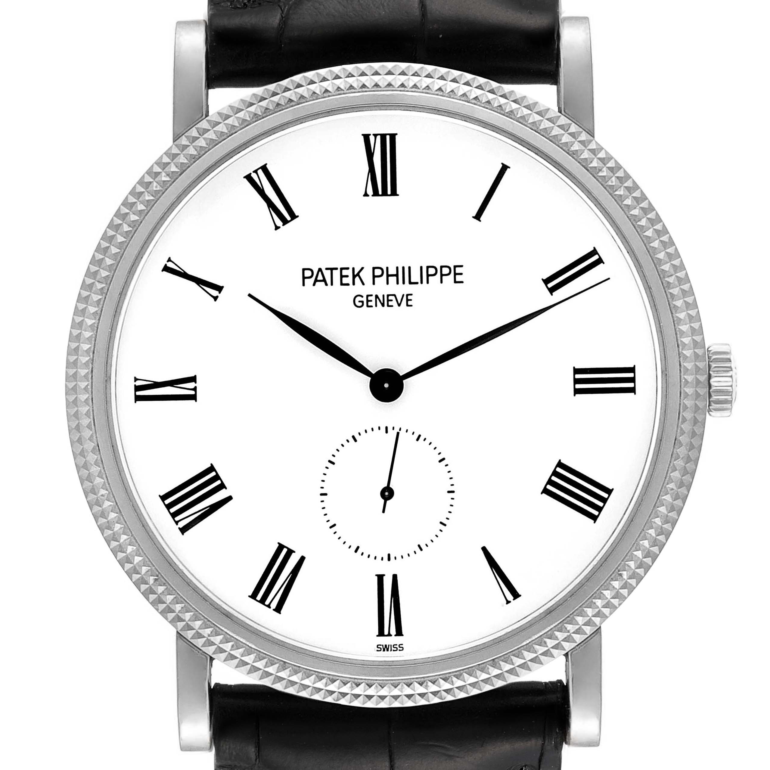 The image shows a frontal view of a Patek Philippe Calatrava 5119G Men's White Gold White Dial 5119G Men's White Gold White Dial watch, displaying its dial, hands, and the top part of the leather strap.