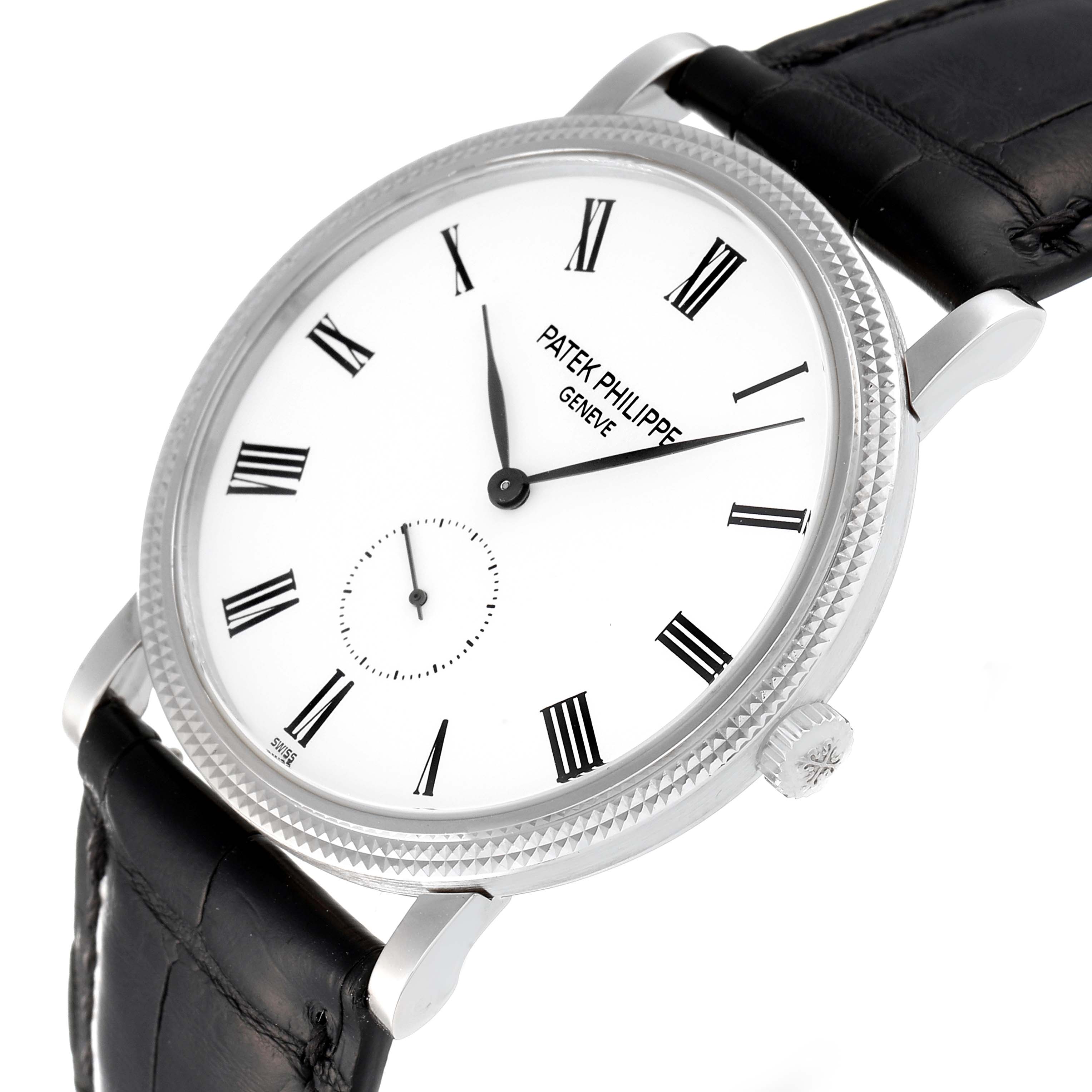 The image shows a Patek Philippe Calatrava 5119G Men's White Gold White Dial 5119G Men's White Gold White Dial watch from a front-angle, displaying the dial, Roman numerals, hands, and a black leather strap.