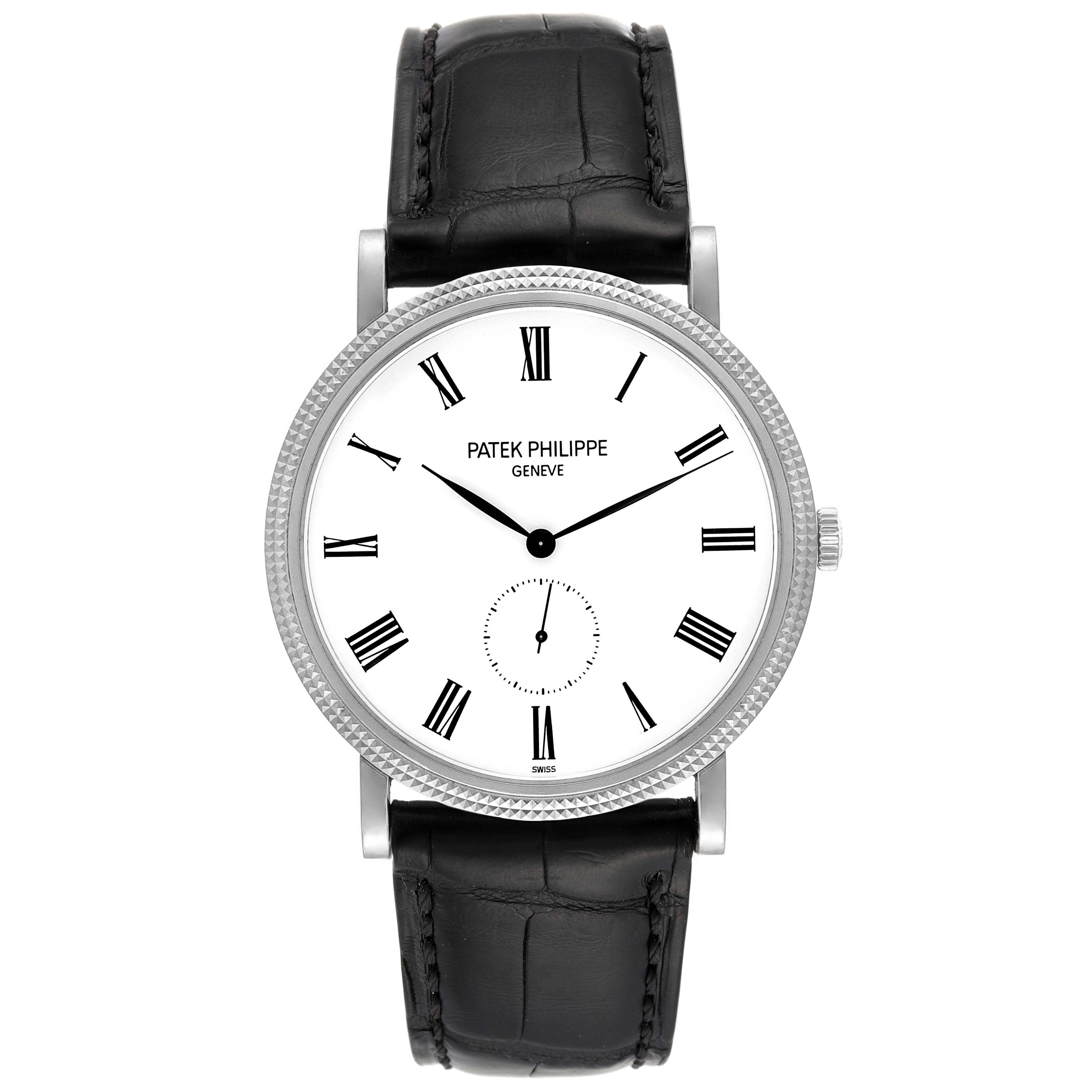 This image shows a front view of a Patek Philippe Calatrava 5119G Men's White Gold White Dial 5119G Men's White Gold White Dial watch featuring its dial, case, and leather strap.