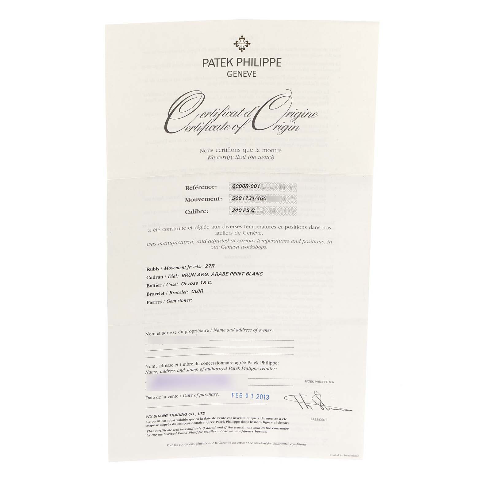 The image shows the Certificate of Origin for a Patek Philippe Calatrava 6000R Men's Rose Gold Brown Dial 6000R Men's Rose Gold Brown Dial model watch.