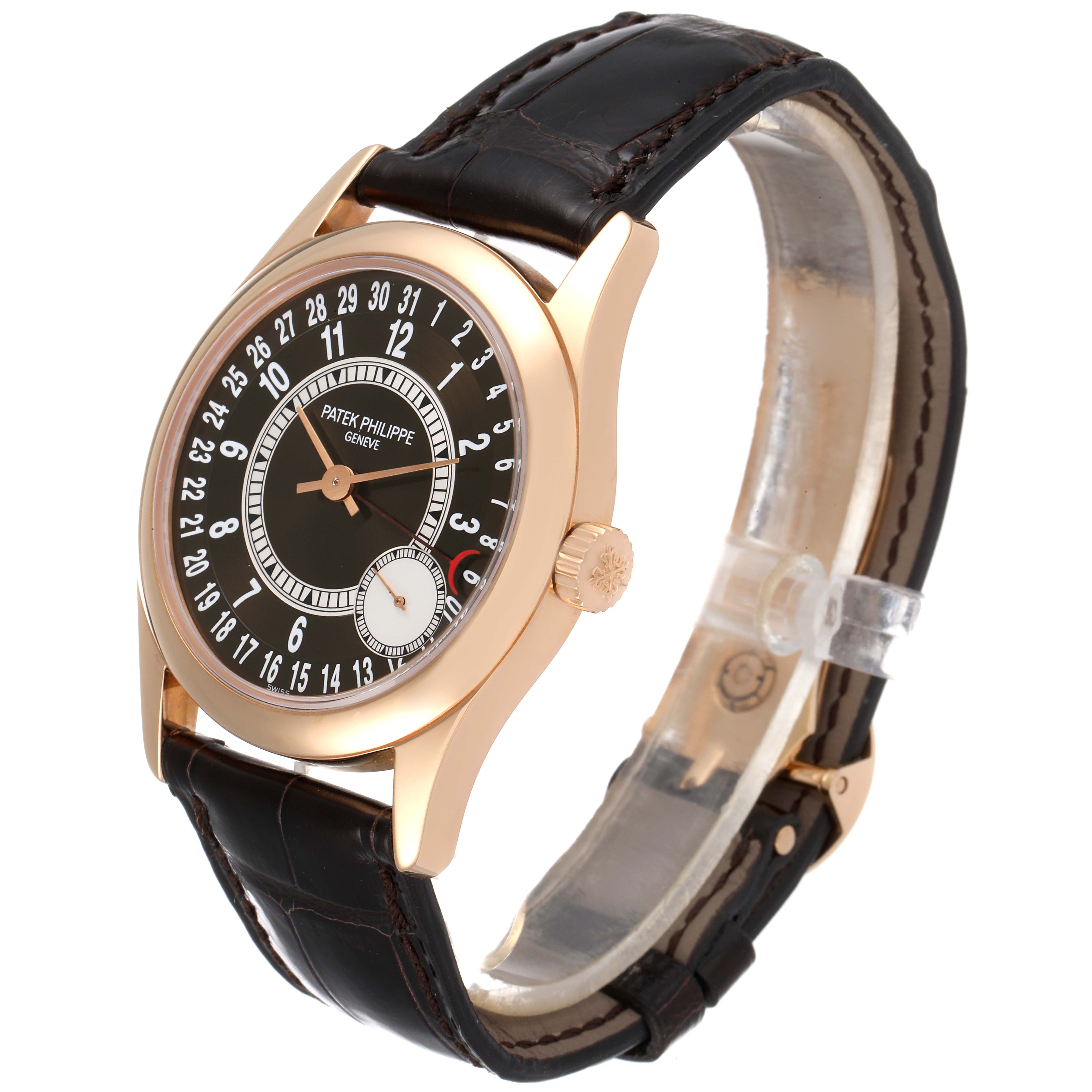 The image shows a side angle of the Patek Philippe Calatrava 6000R Men's Rose Gold Brown Dial 6000R Men's Rose Gold Brown Dial watch, displaying its face, crown, and leather strap.