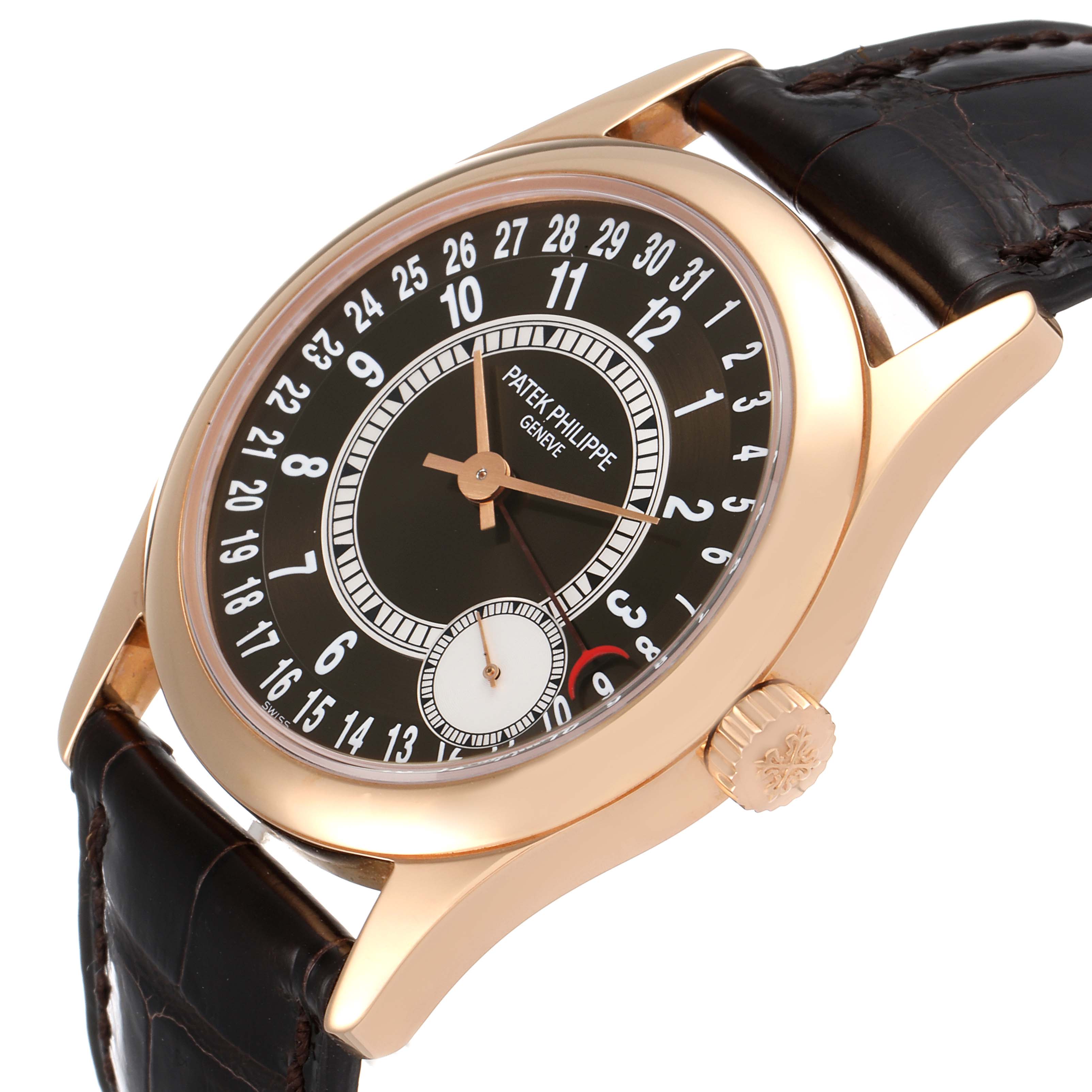 The image shows a side angle of the Patek Philippe Calatrava 6000R Men's Rose Gold Brown Dial 6000R Men's Rose Gold Brown Dial watch, highlighting its dial, crown, and leather strap.