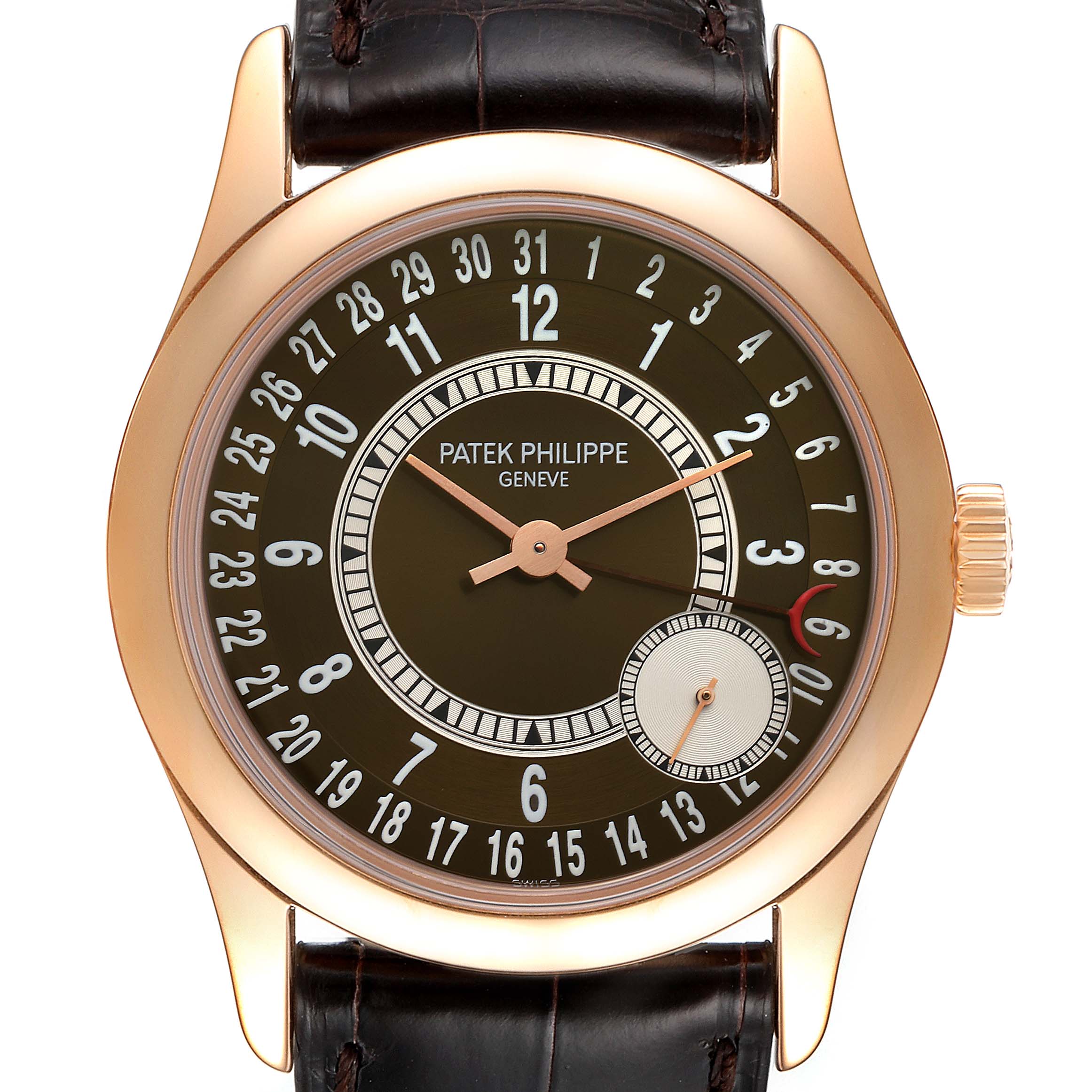 A Patek Philippe Calatrava 6000R Men's Rose Gold Brown Dial 6000R Men's Rose Gold Brown Dial model watch is shown from a top-down angle, highlighting the dial, case, and leather strap.