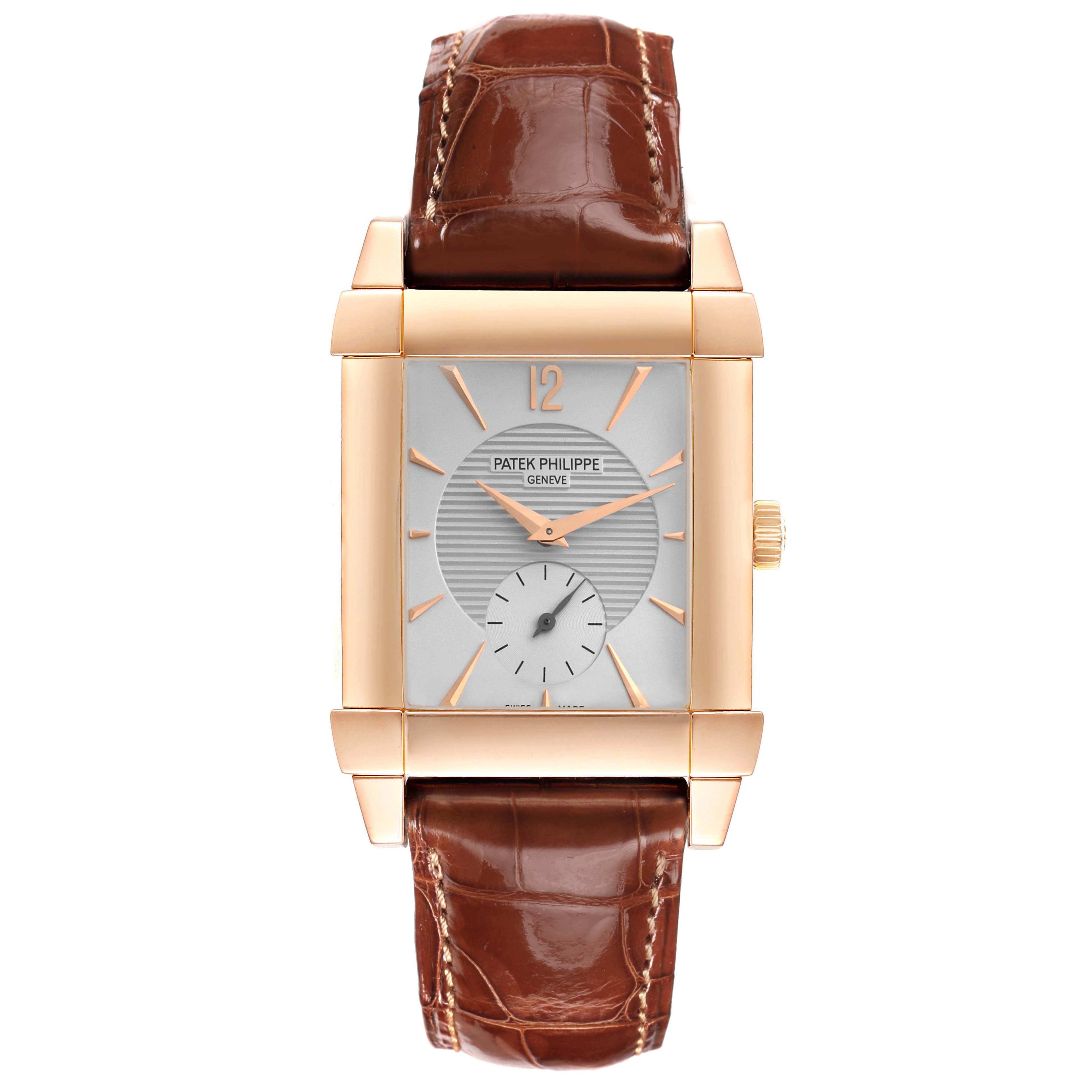 The image shows a front view of the Patek Philippe Gondolo 5111R-001 Men's Rose Gold Silver Dial watch, highlighting its dial, bezel, and brown leather strap.