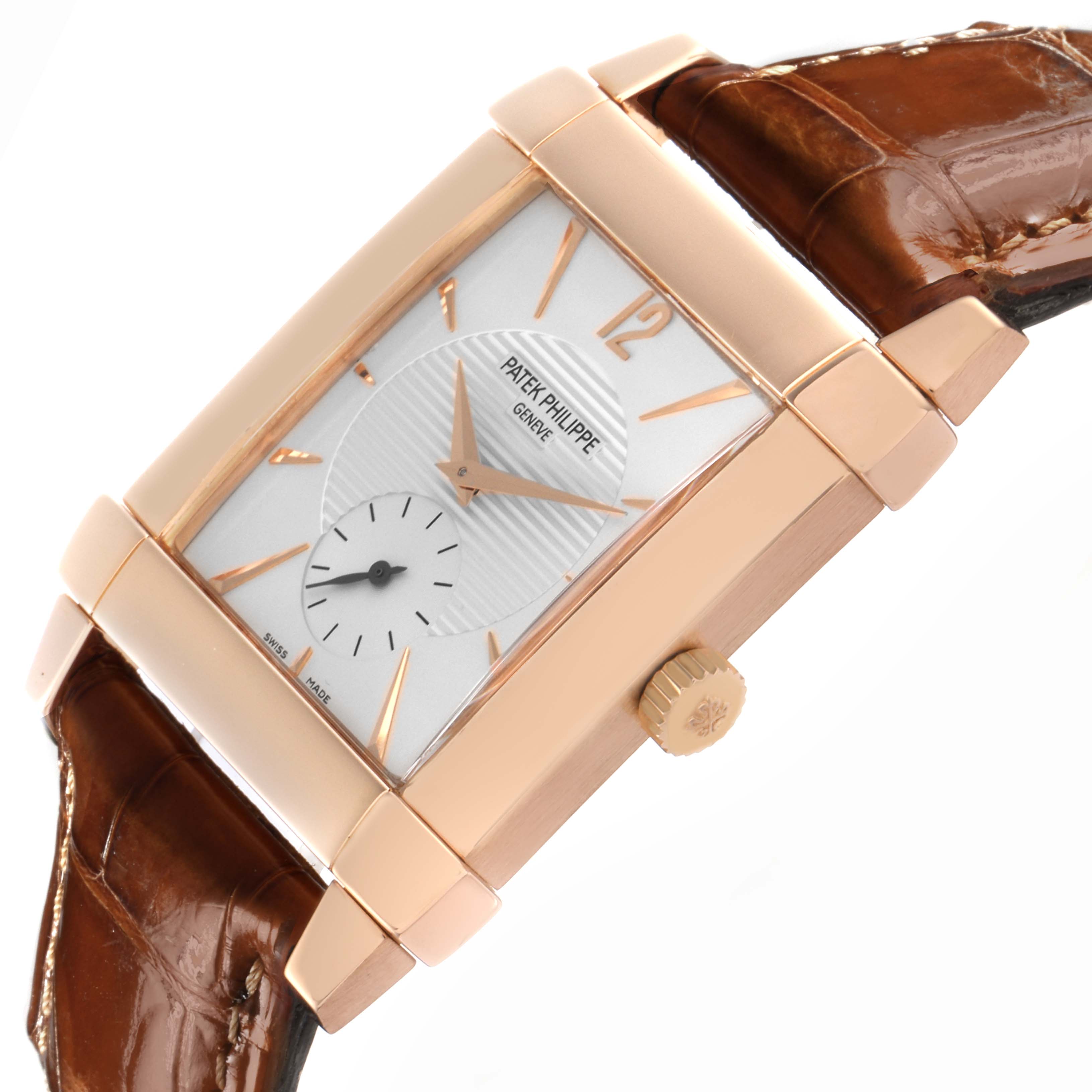 The Patek Philippe Gondolo 5111R-001 Men's Rose Gold Silver Dial watch is shown at an angle highlighting the rose gold case, white dial, and brown leather strap.