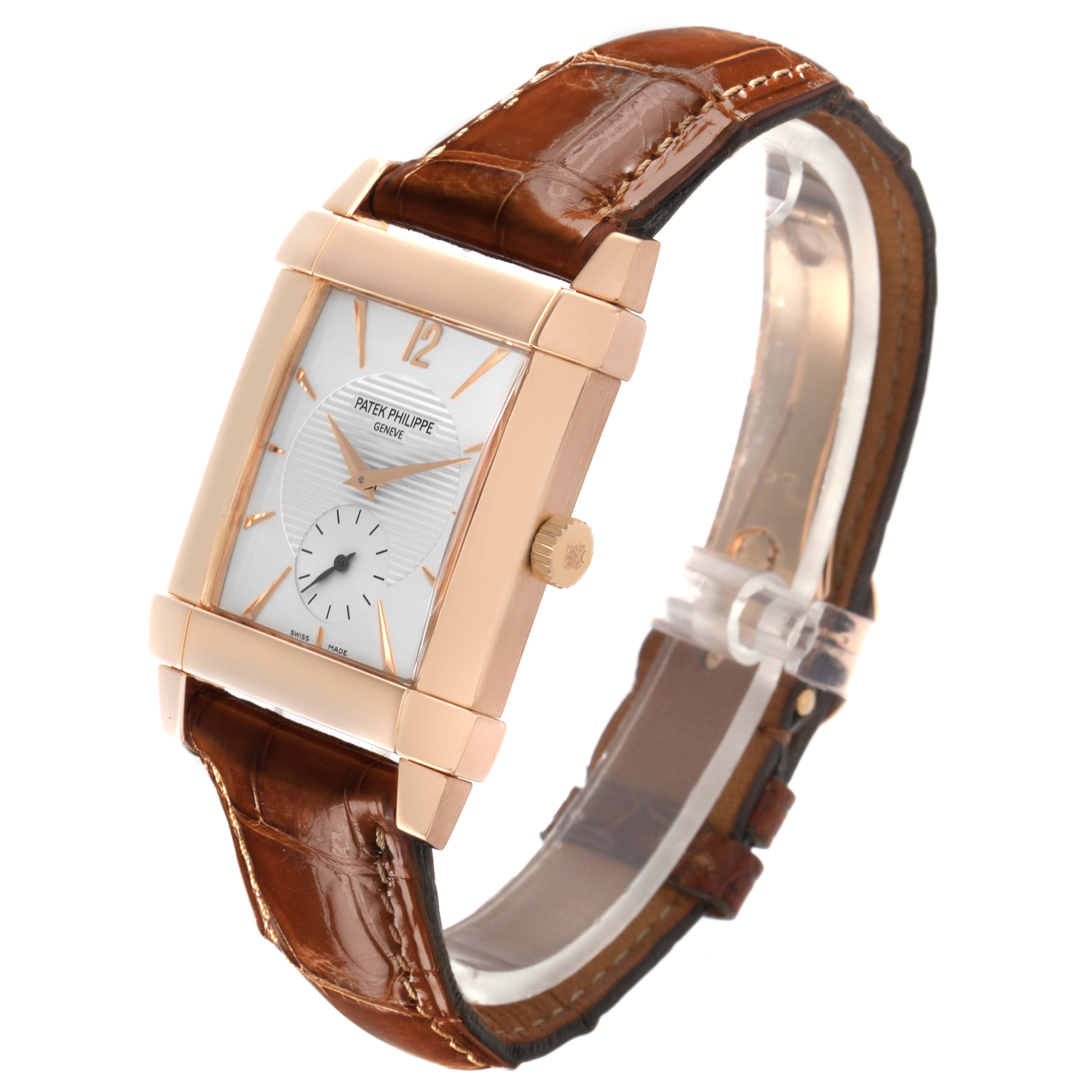 The Patek Philippe Gondolo 5111R-001 Men's Rose Gold Silver Dial watch is shown at a three-quarter angle, highlighting the case, dial, crown, and leather strap.