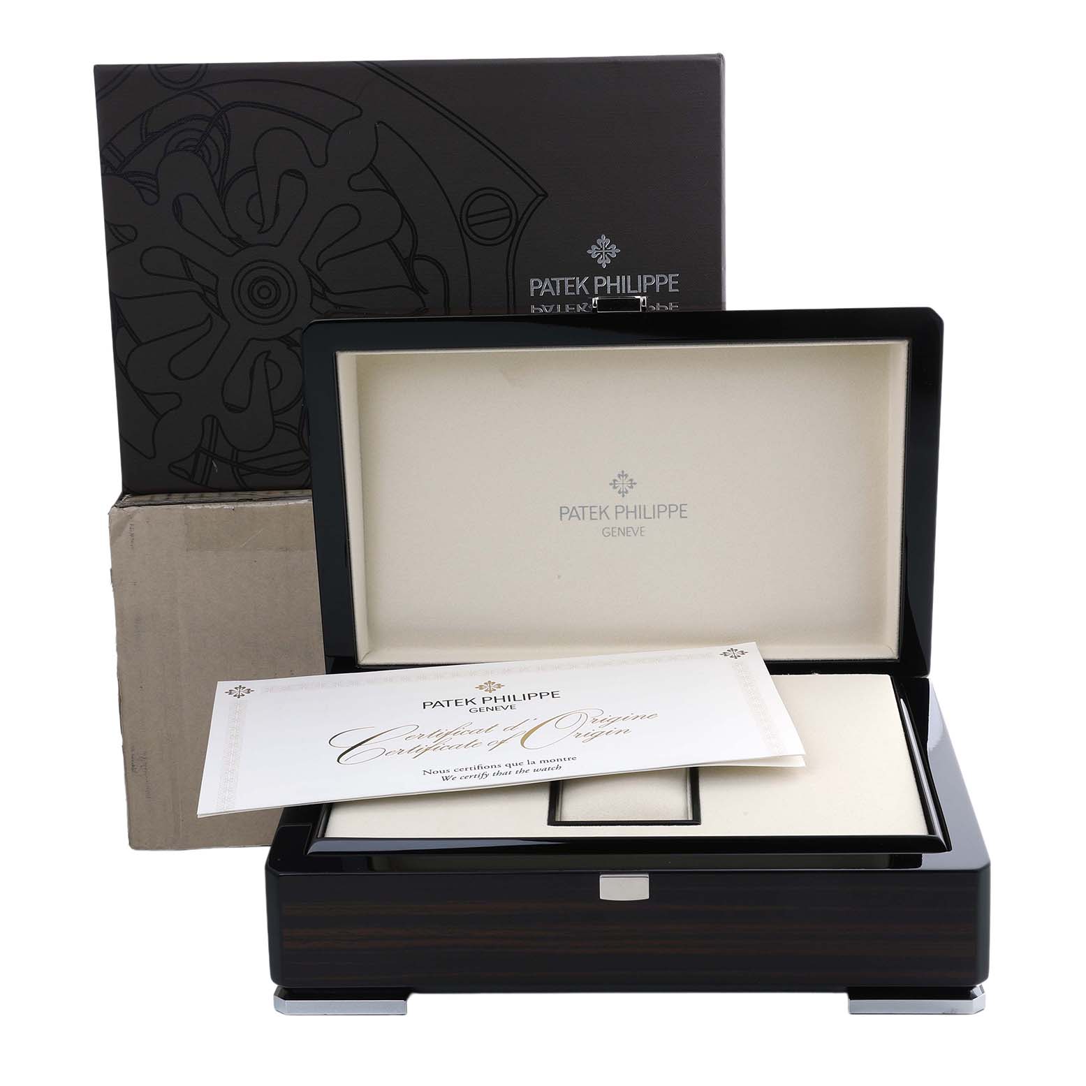 The image shows the open box and certificate of a Patek Philippe Complications 5236P-001 Men's Platinum Blue Dial model, with packaging visible.