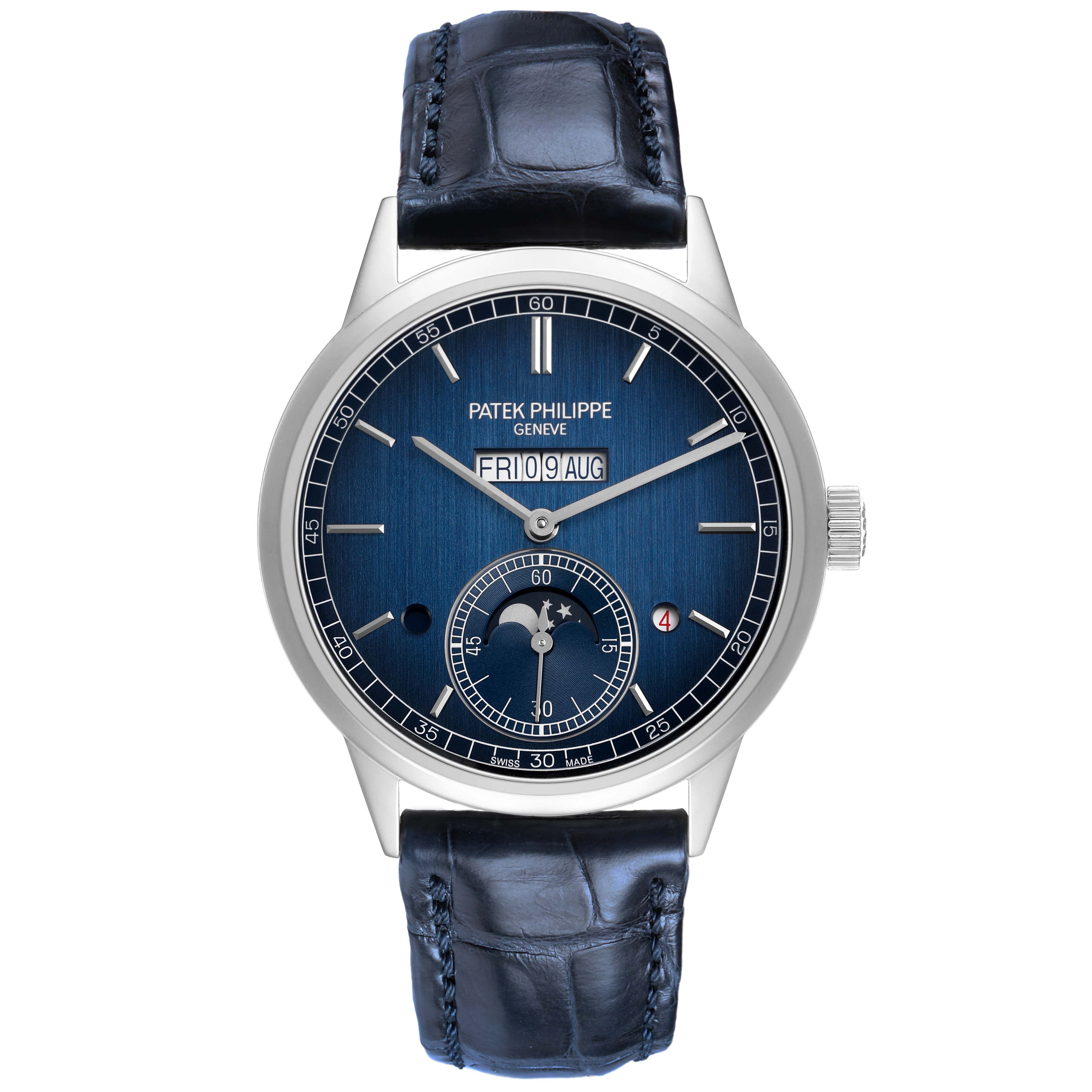 The Patek Philippe Complications 5236P-001 Men's Platinum Blue Dial watch is shown from a front angle, displaying the dial, hands, date, and moon phase features.