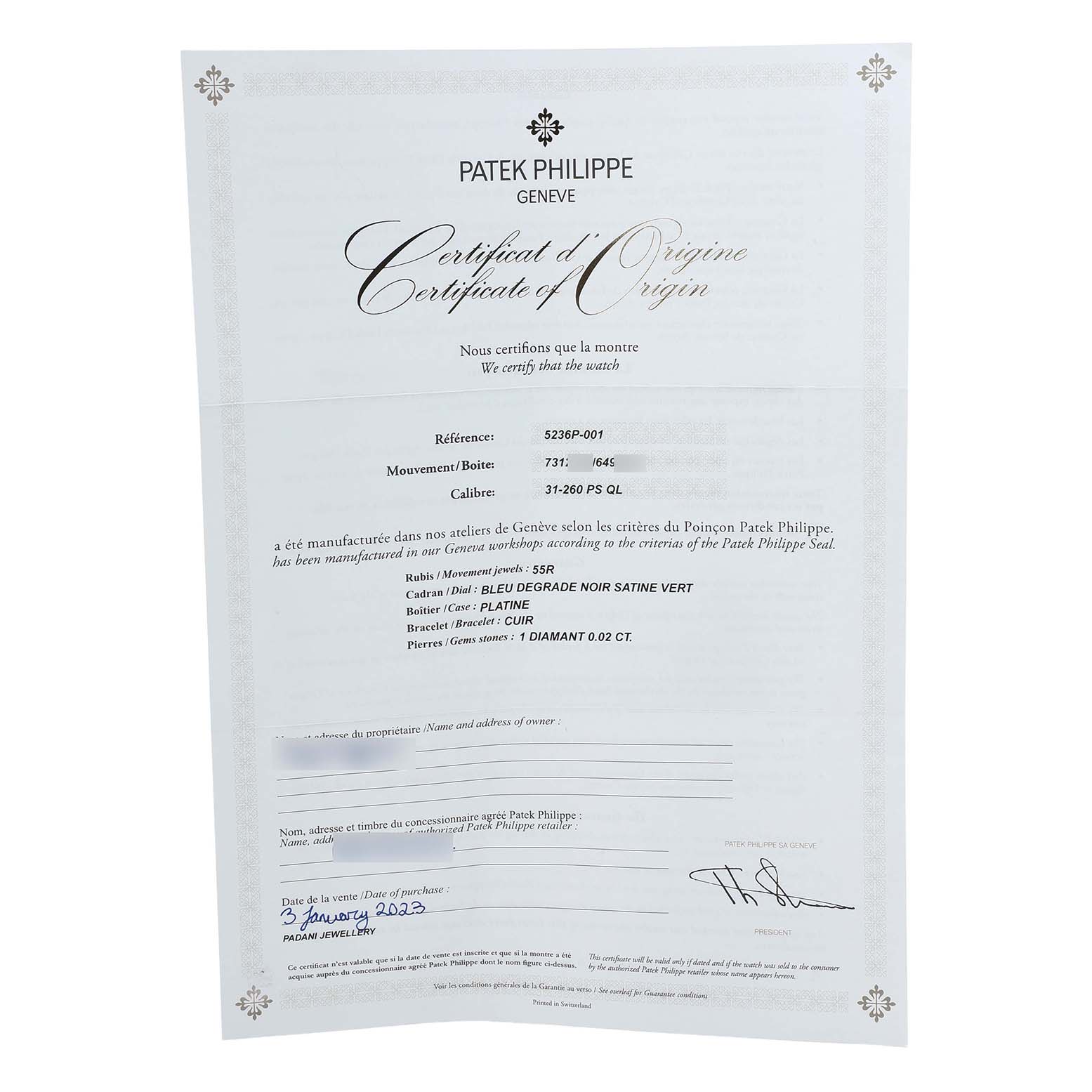 The image shows a Patek Philippe Complications 5236P-001 Men's Platinum Blue Dial Certificate of Origin document for model 5236P-001, not the watch itself.
