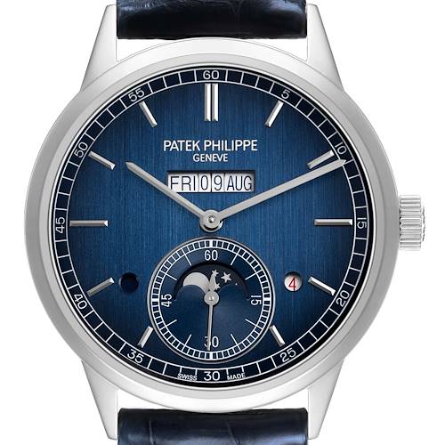 The Patek Philippe Complications 5236P-001 Men's Platinum Blue Dial watch is shown from the front, displaying its dial, moon phase, and day-date indicators.