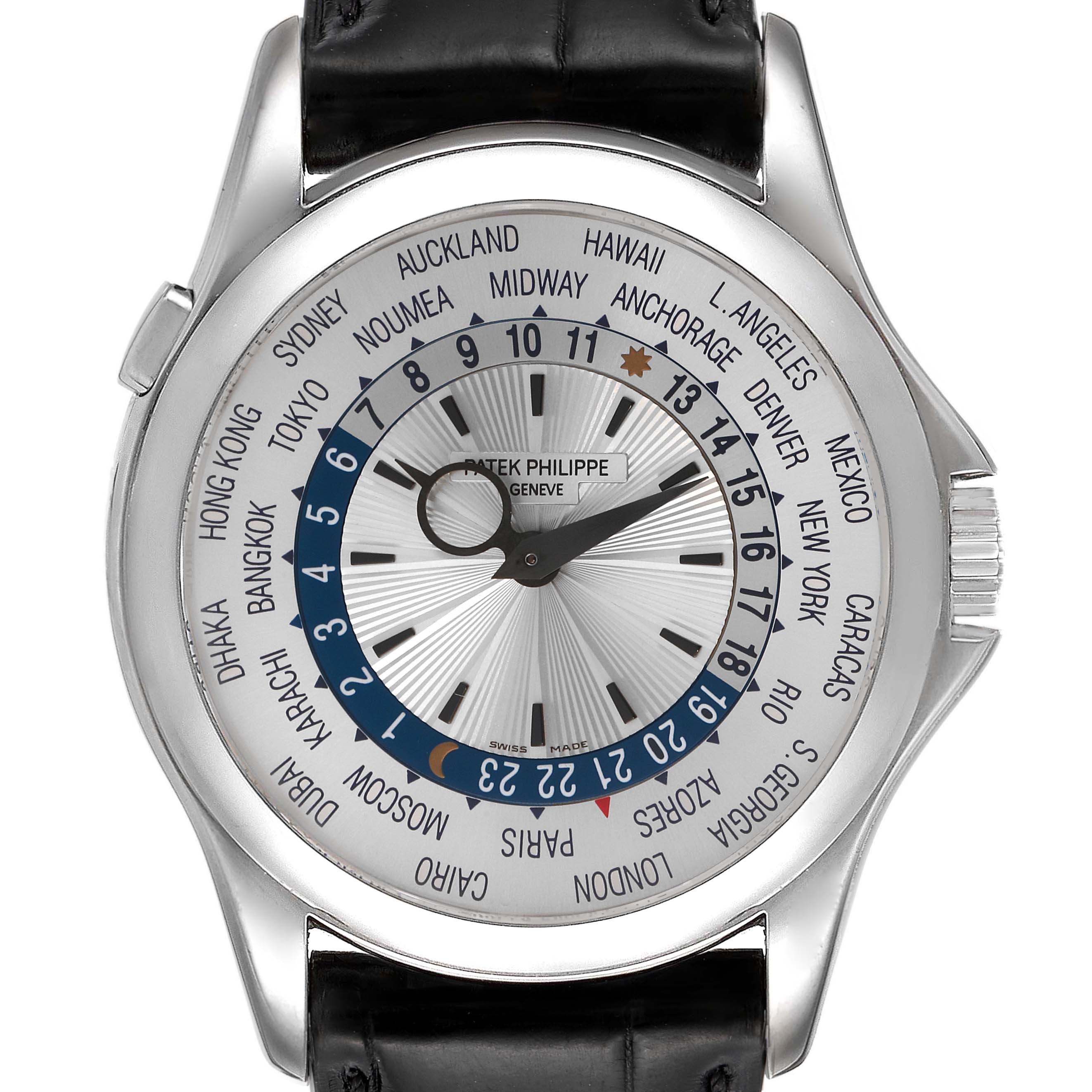 This image shows a frontal view of the Patek Philippe Complications 5130G-019 Men's White Gold Silver Dial 5130G-019 Men's White Gold Silver Dial watch, displaying the dial with multiple time zones and cities.