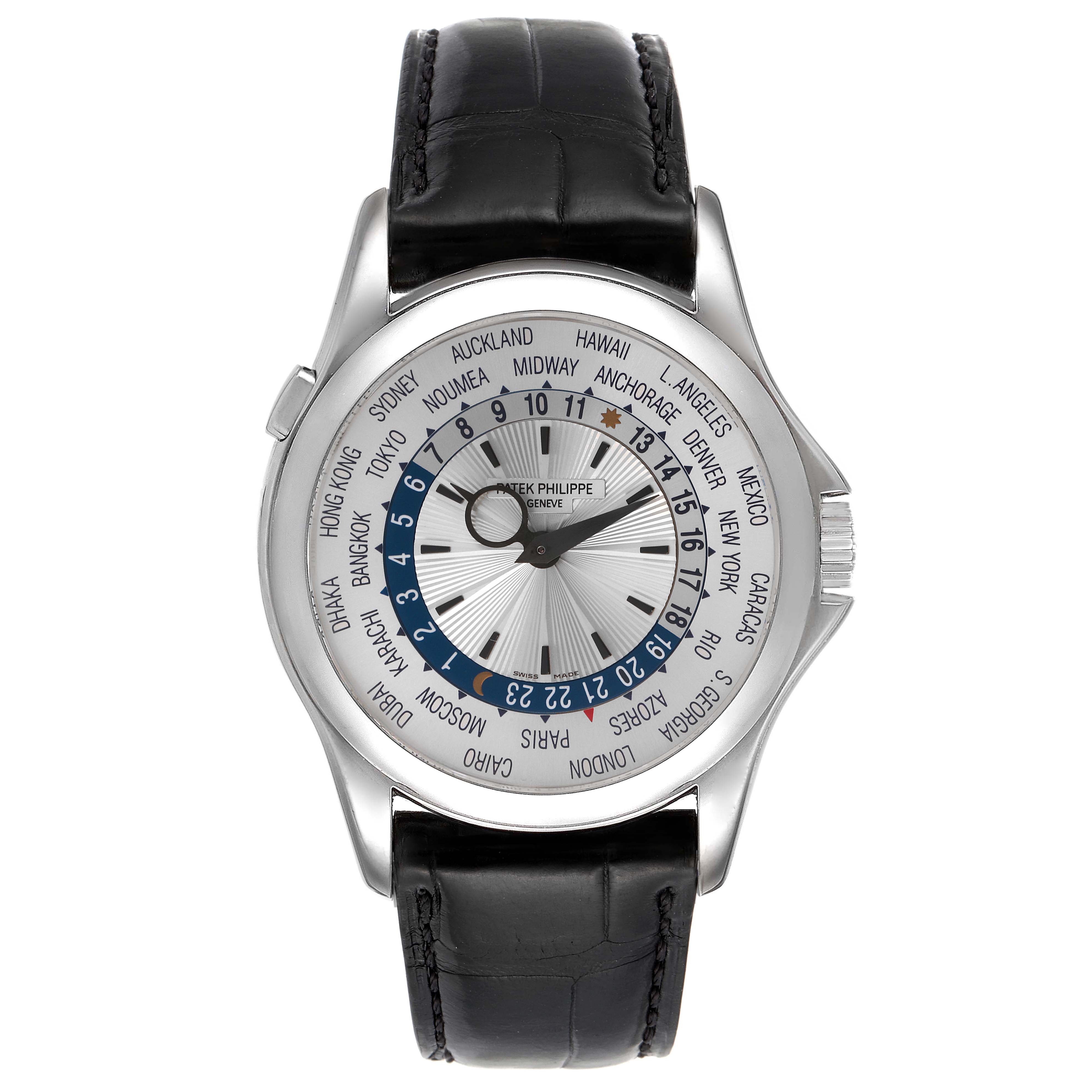 The image shows a front view of a Complications model by Patek Philippe, highlighting its dial and city ring.
