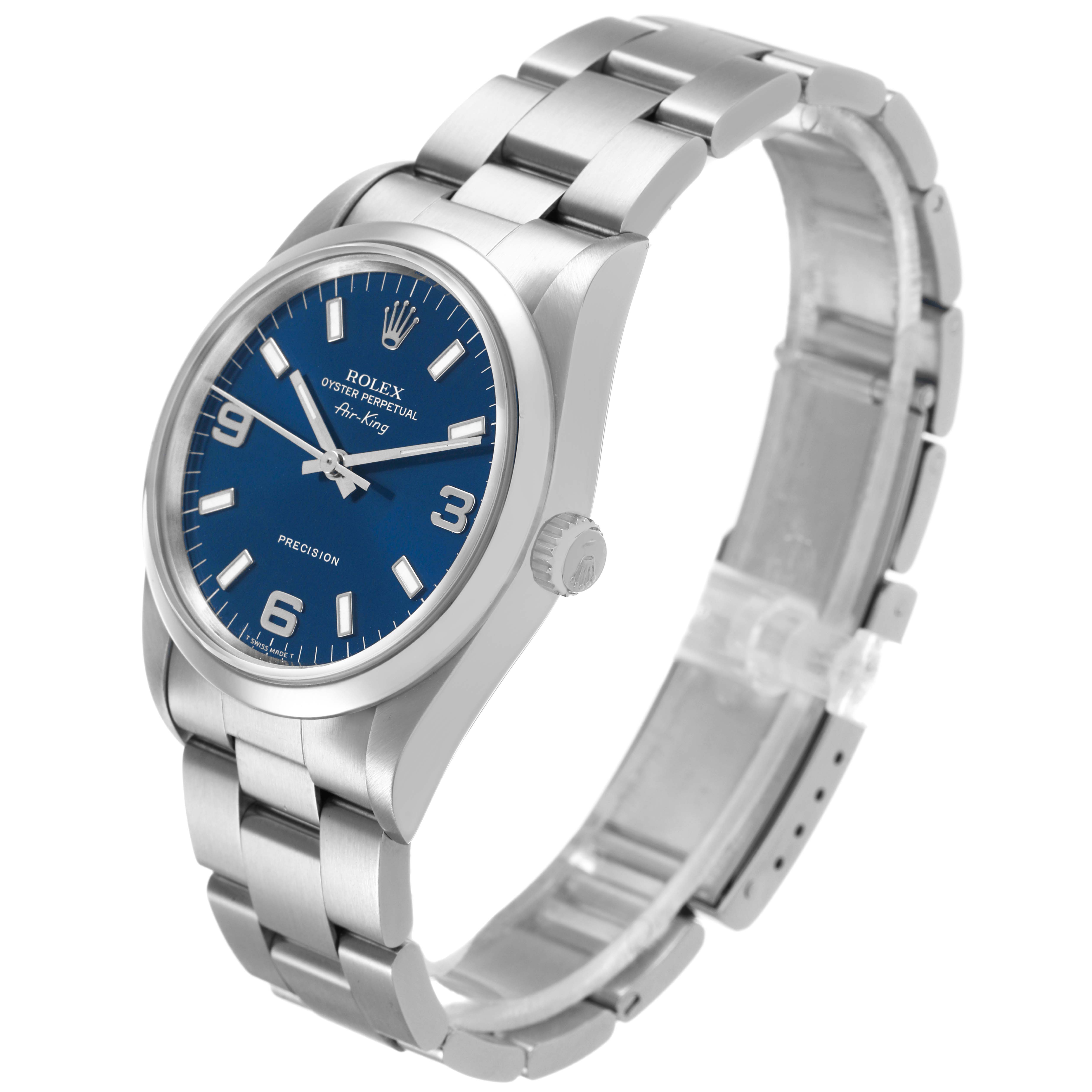The Rolex Air-King 14000 Men's Stainless Steel Blue Dial watch is shown in a three-quarter view, highlighting the blue dial, case, bracelet, and crown.