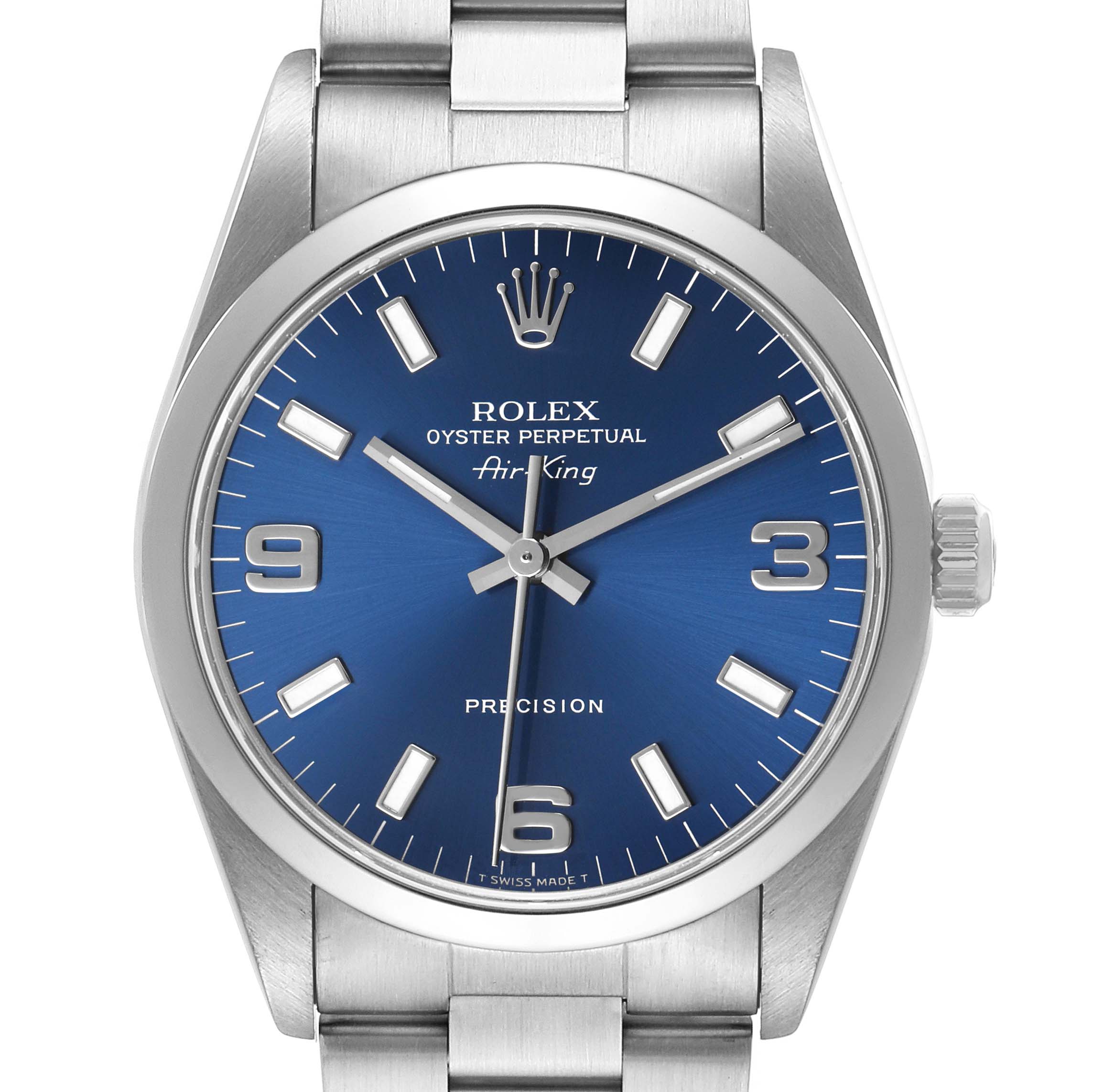 The image shows a Rolex Air-King 14000 Men's Stainless Steel Blue Dial watch head-on, highlighting its blue dial, crown, and stainless steel bracelet.
